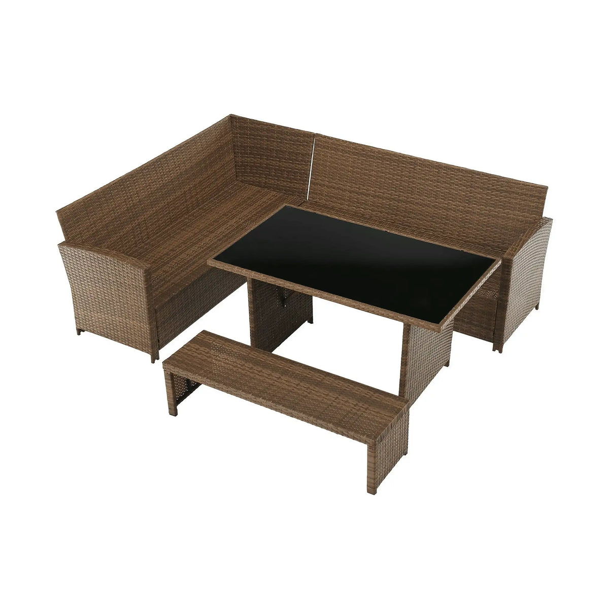 Set gradina MADUL, maro/negru, ratan sintetic/sticla temperata/metal, cu masa, banca si canapea