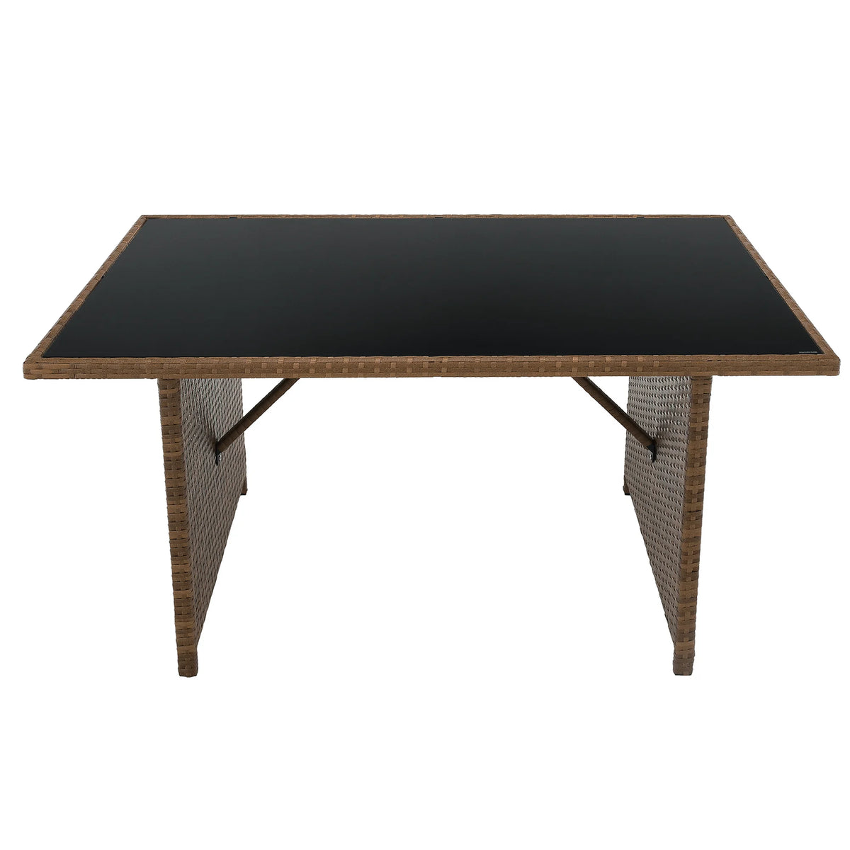 Set gradina MADUL, maro/negru, ratan sintetic/sticla temperata/metal, cu masa, banca si canapea