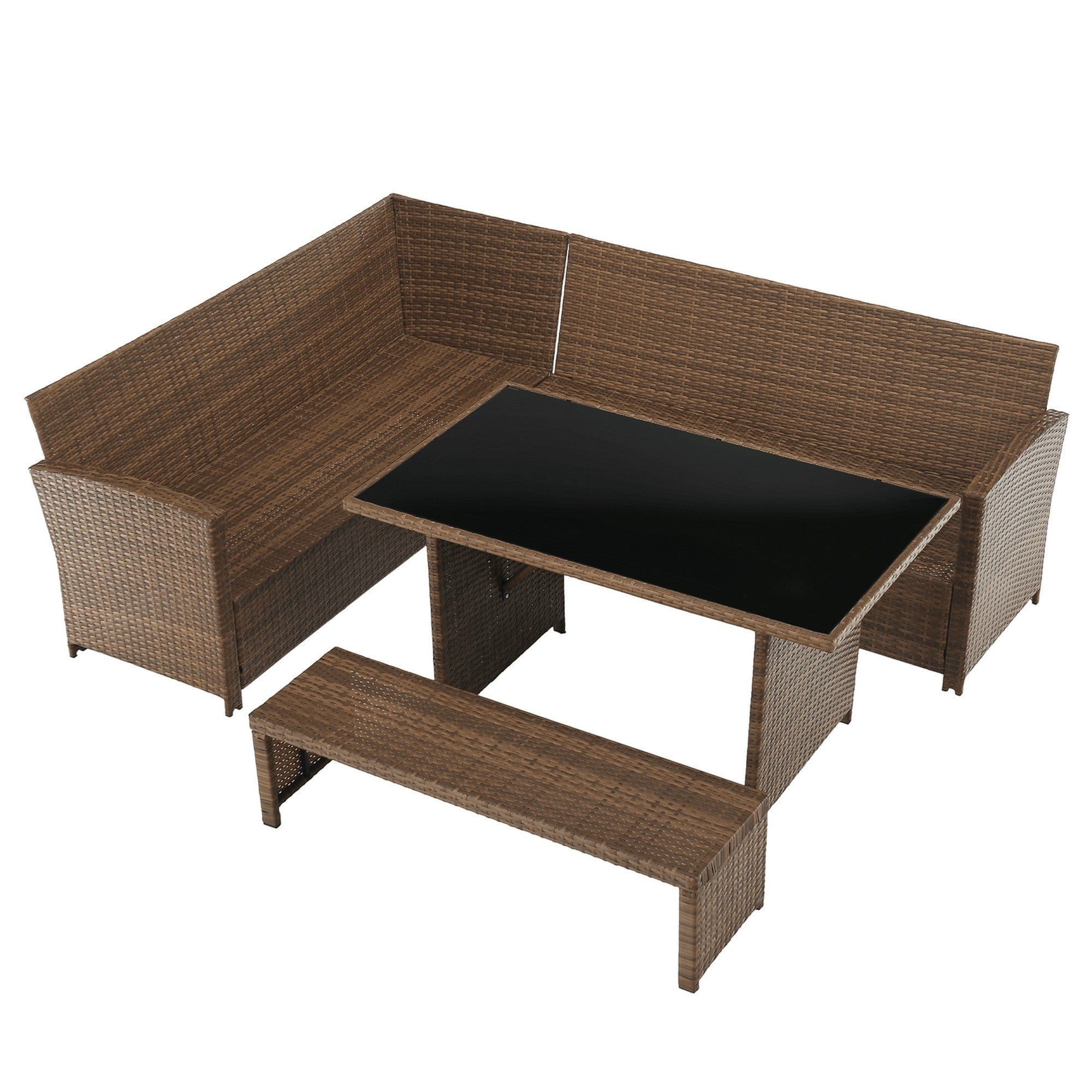 Set gradina MADUL, maro/negru, ratan sintetic/sticla temperata/metal, cu masa, banca si canapea