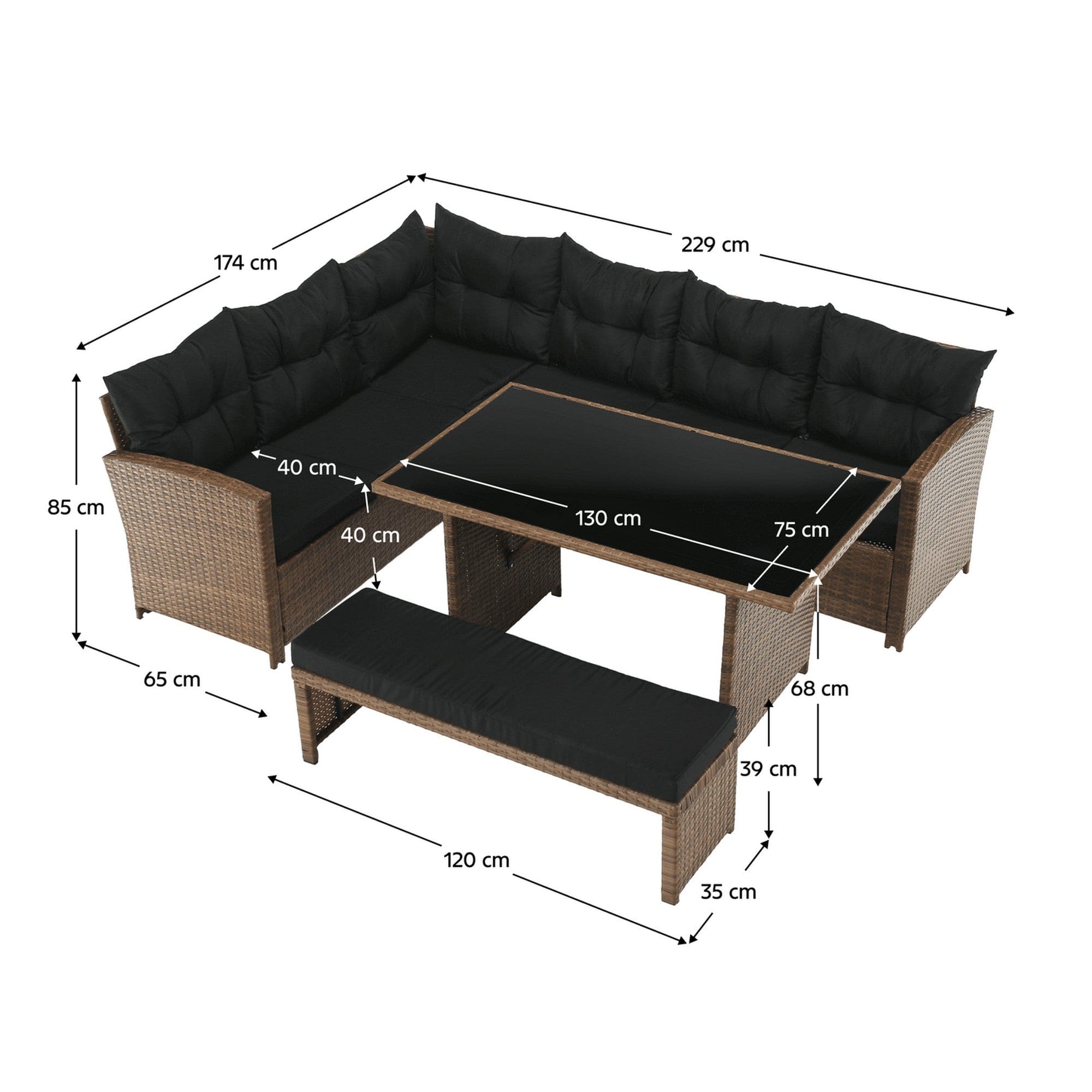 Set gradina MADUL, maro/negru, ratan sintetic/sticla temperata/metal, cu masa, banca si canapea