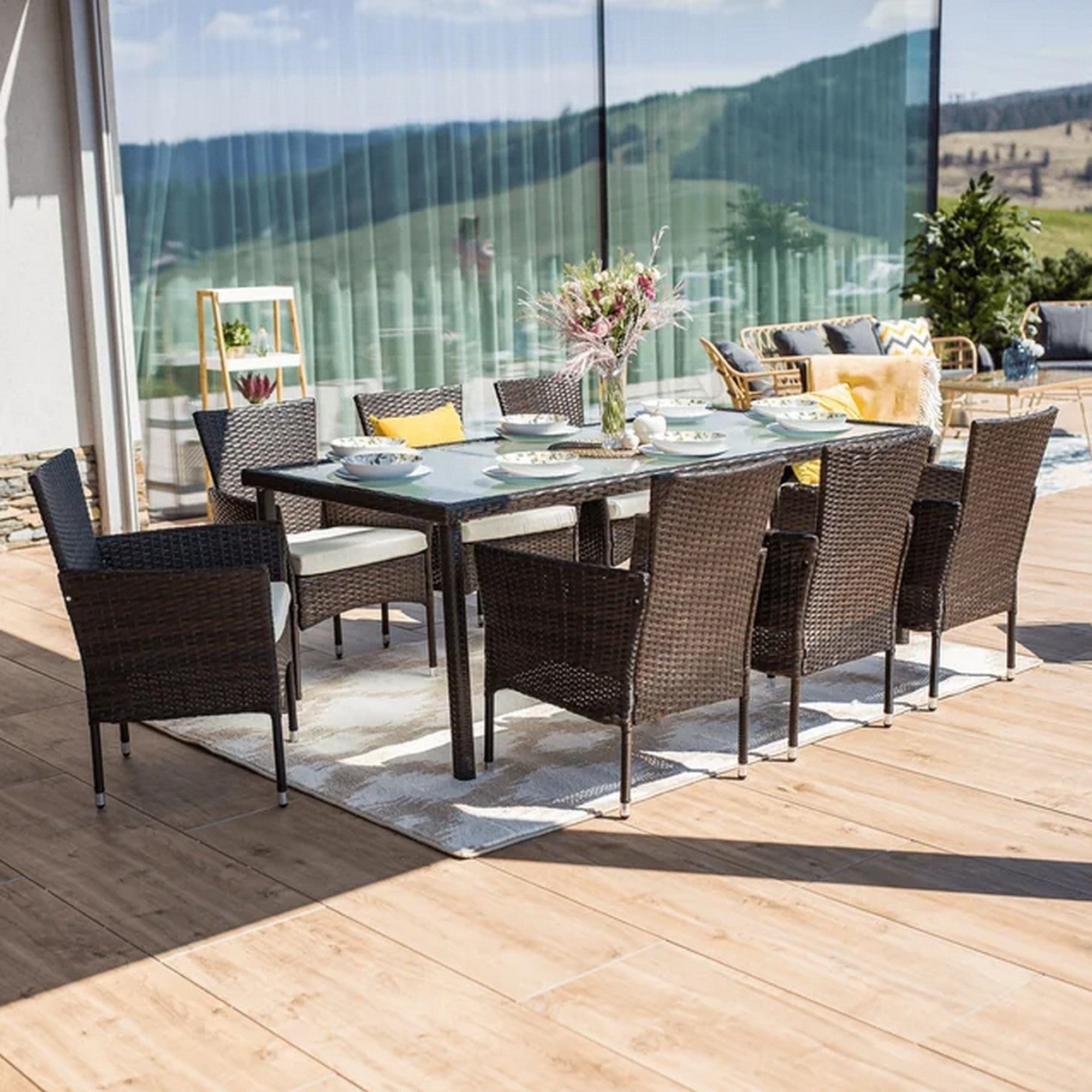 Set gradina MENIBOR, maro/bej, ratan artificial/sticla temperata/otel, cu masa si 8 scaune