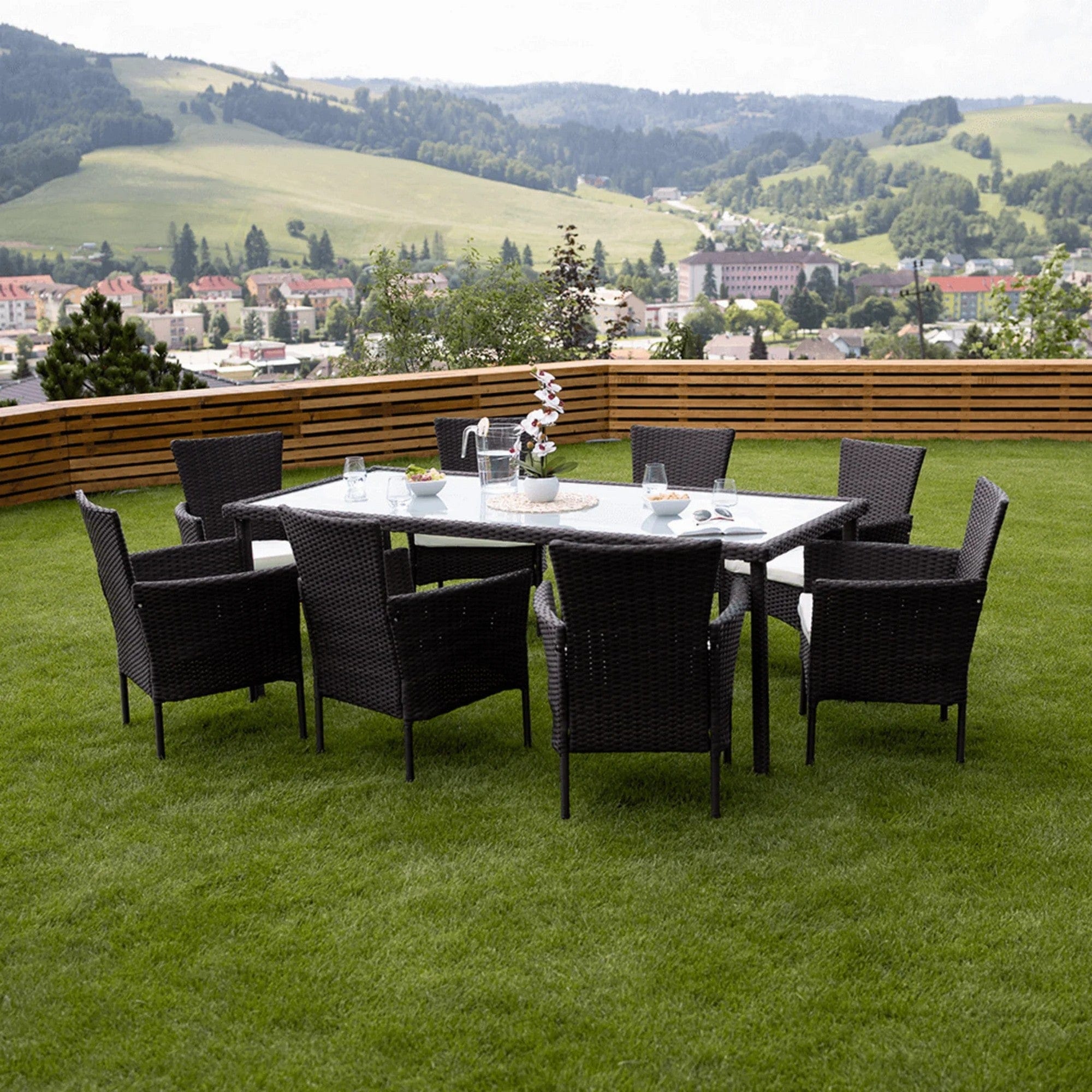 Set gradina MENIBOR, maro/bej, ratan artificial/sticla temperata/otel, cu masa si 8 scaune