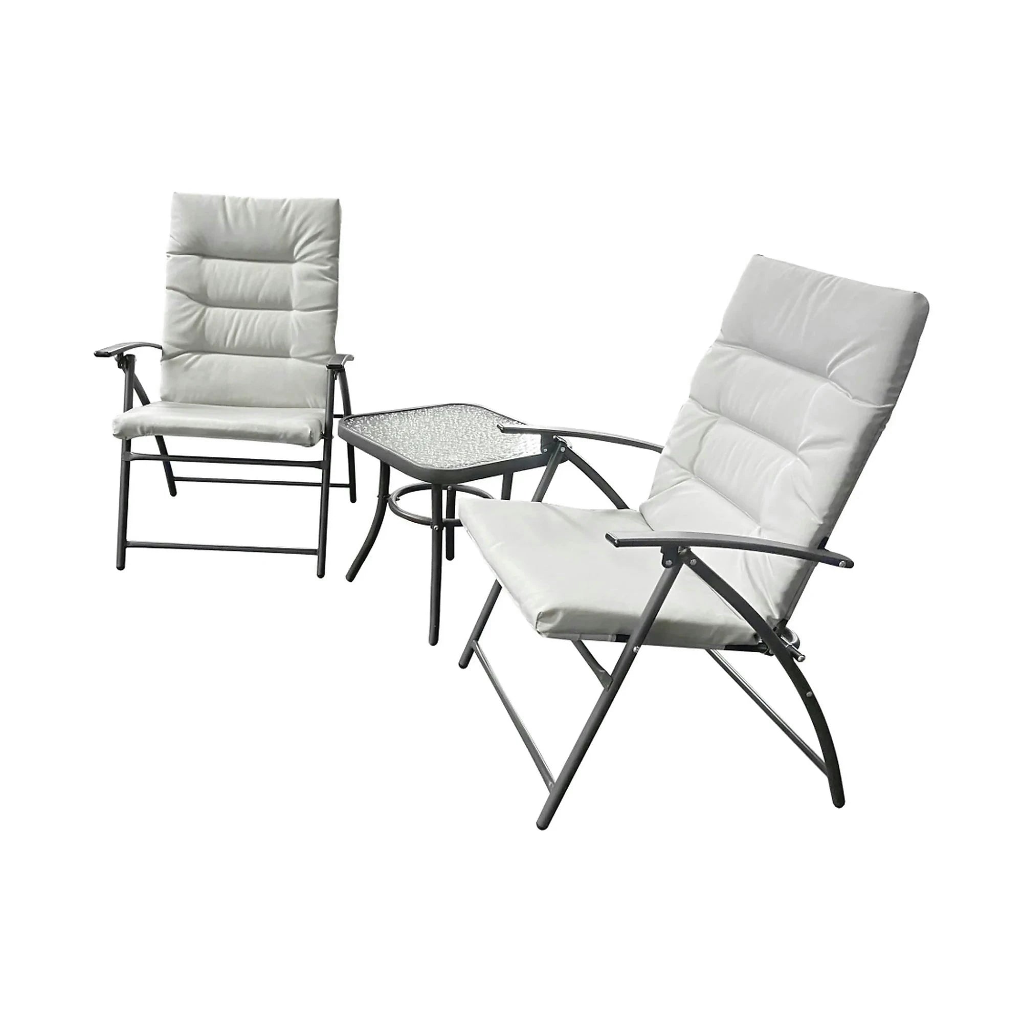 Set gradina MUSON, gri deschis/gri inchis, tesatura/sticla/metal, cu masuta si 2 scaune