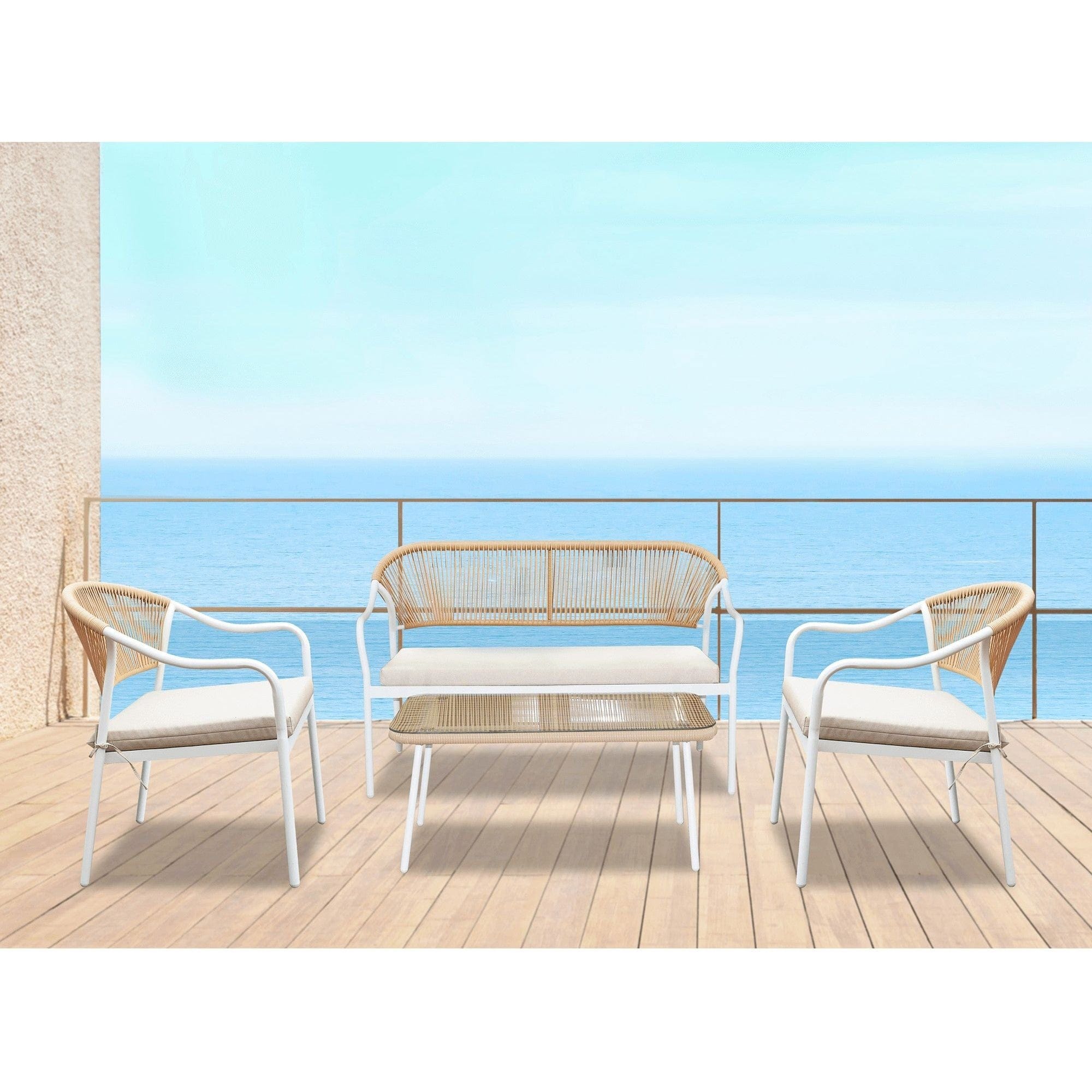 Set gradina PALNY, bej/alb, ratan/sticla/metal, cu masuta, 2 scaune si canapea