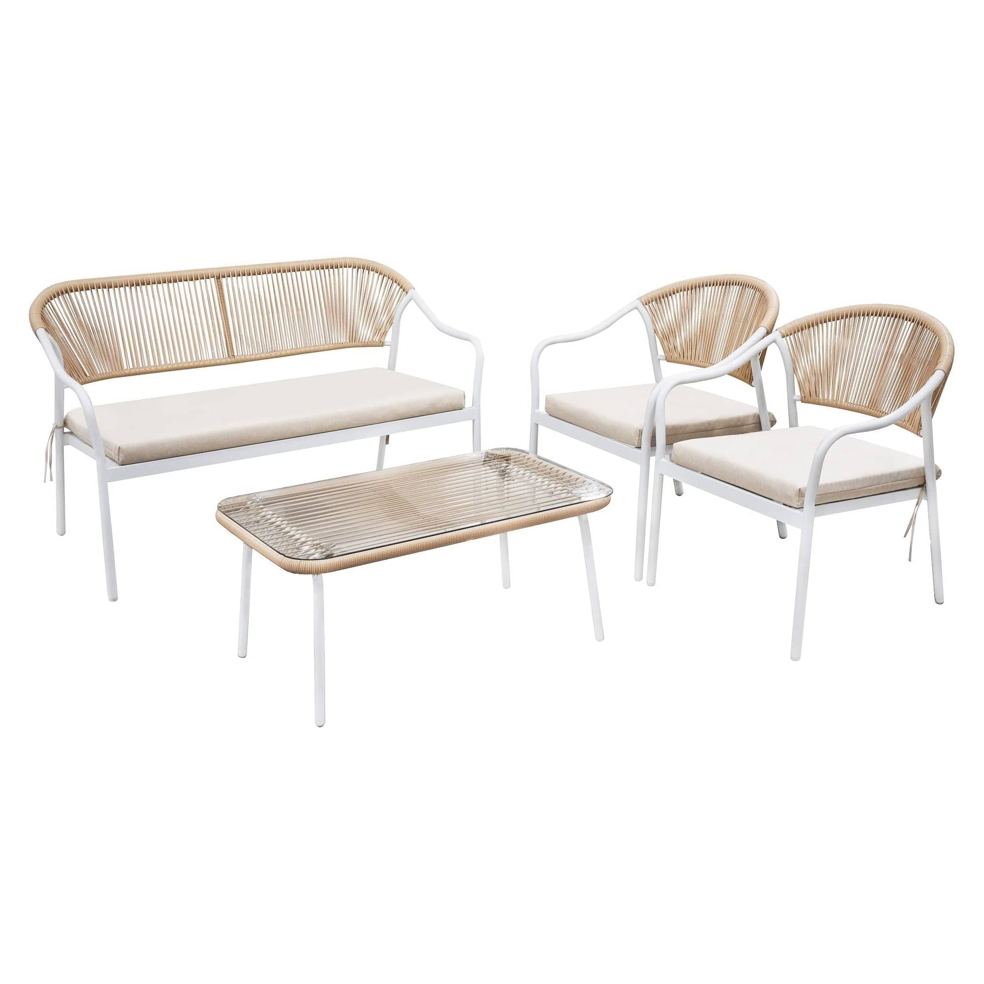 Set gradina PALNY, bej/alb, ratan/sticla/metal, cu masuta, 2 scaune si canapea