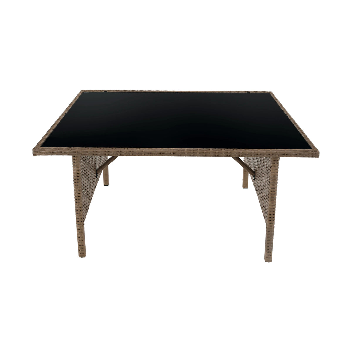 Set gradina RANDI, stejar/gri deschis/negru, ratan sintetic/sticla temperata/metal, cu masa, 2 taburete si canapea
