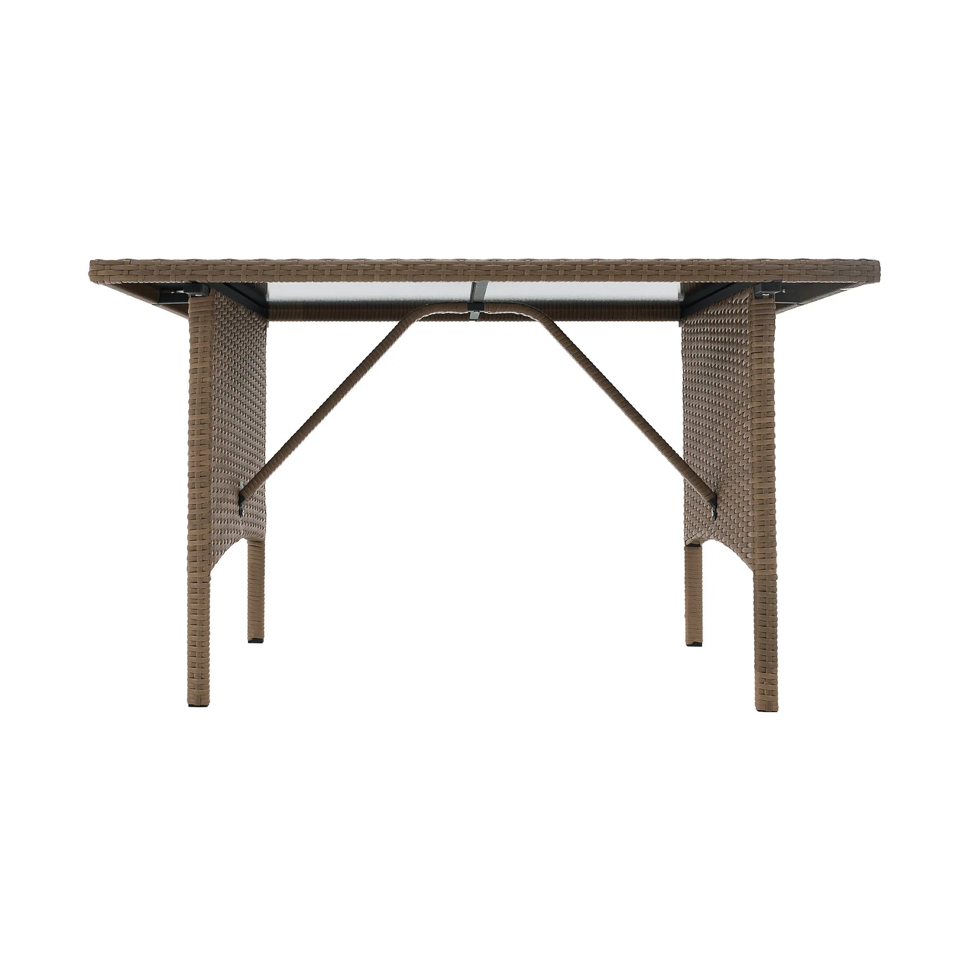 Set gradina RANDI, stejar/gri deschis/negru, ratan sintetic/sticla temperata/metal, cu masa, 2 taburete si canapea