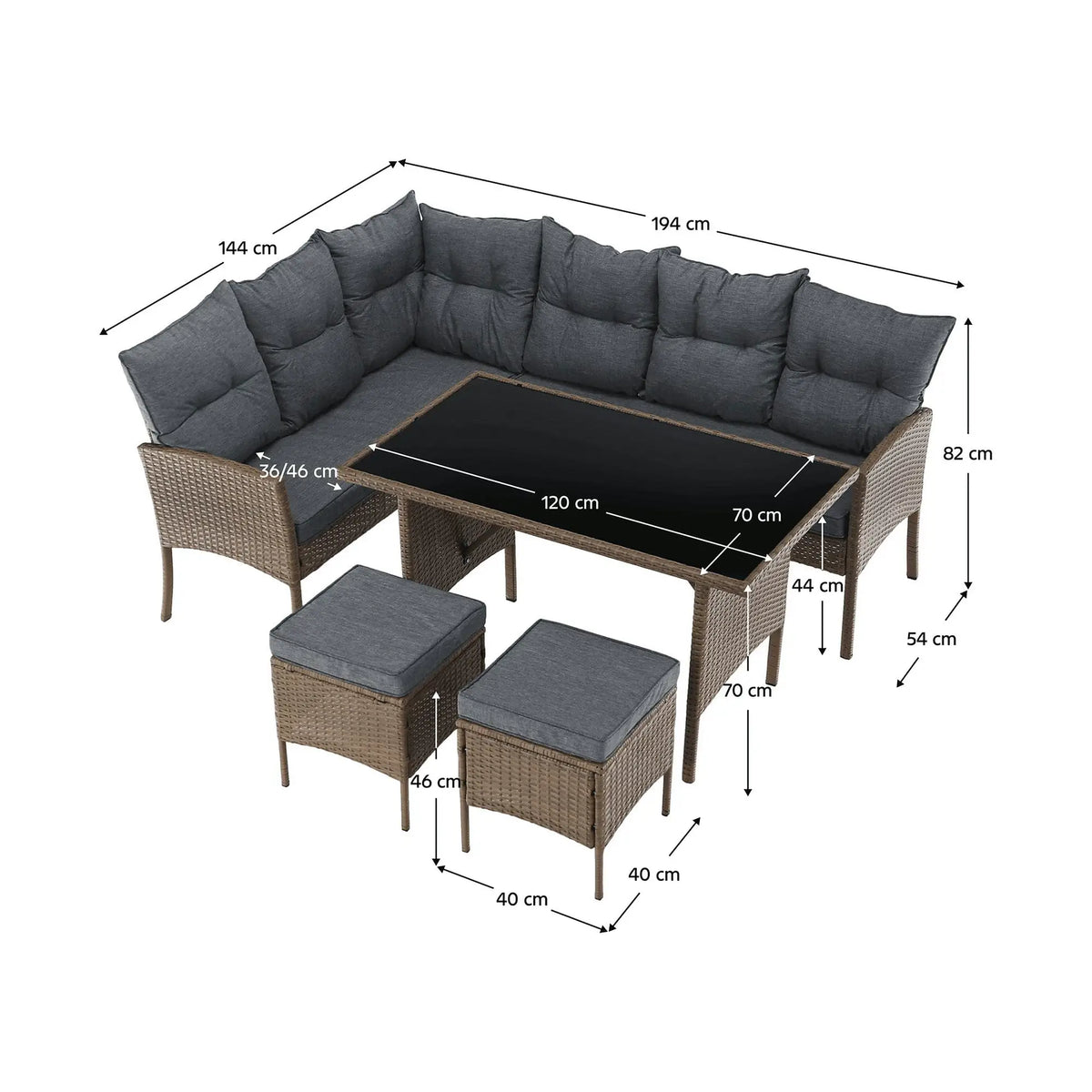 Set gradina RANDI, stejar/gri deschis/negru, ratan sintetic/sticla temperata/metal, cu masa, 2 taburete si canapea