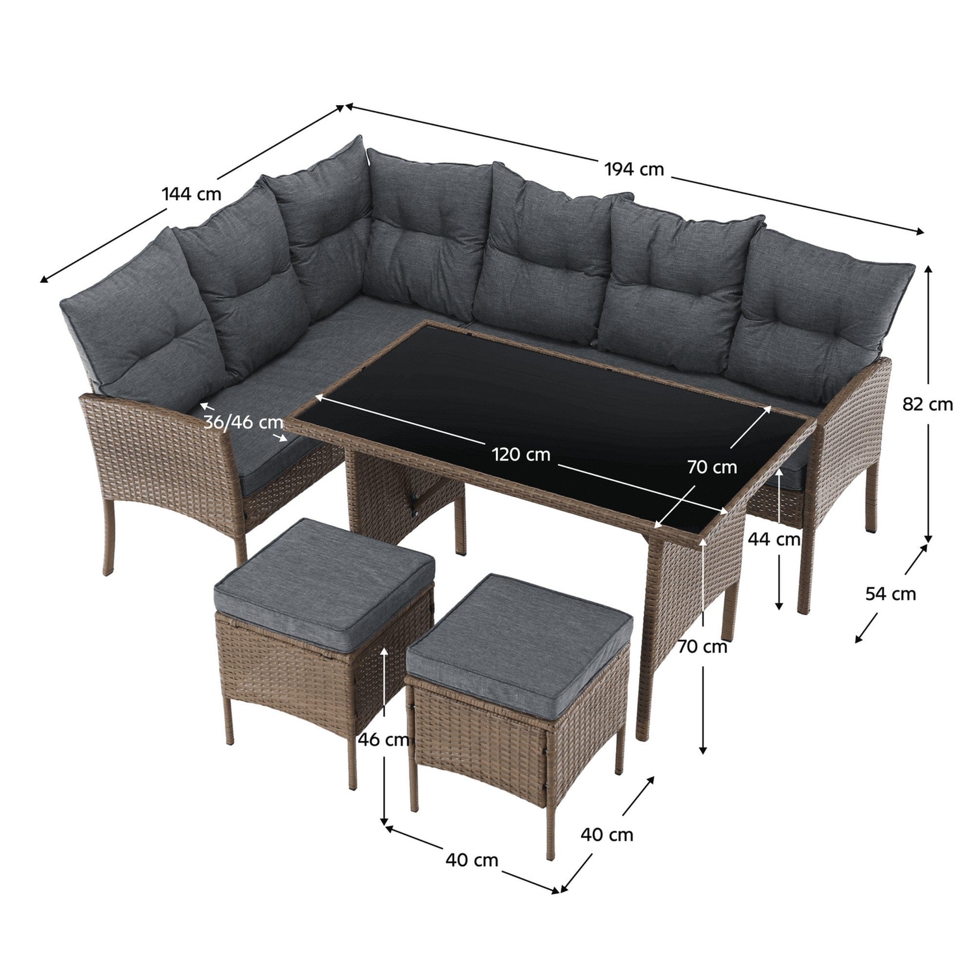 Set gradina RANDI, stejar/gri deschis/negru, ratan sintetic/sticla temperata/metal, cu masa, 2 taburete si canapea