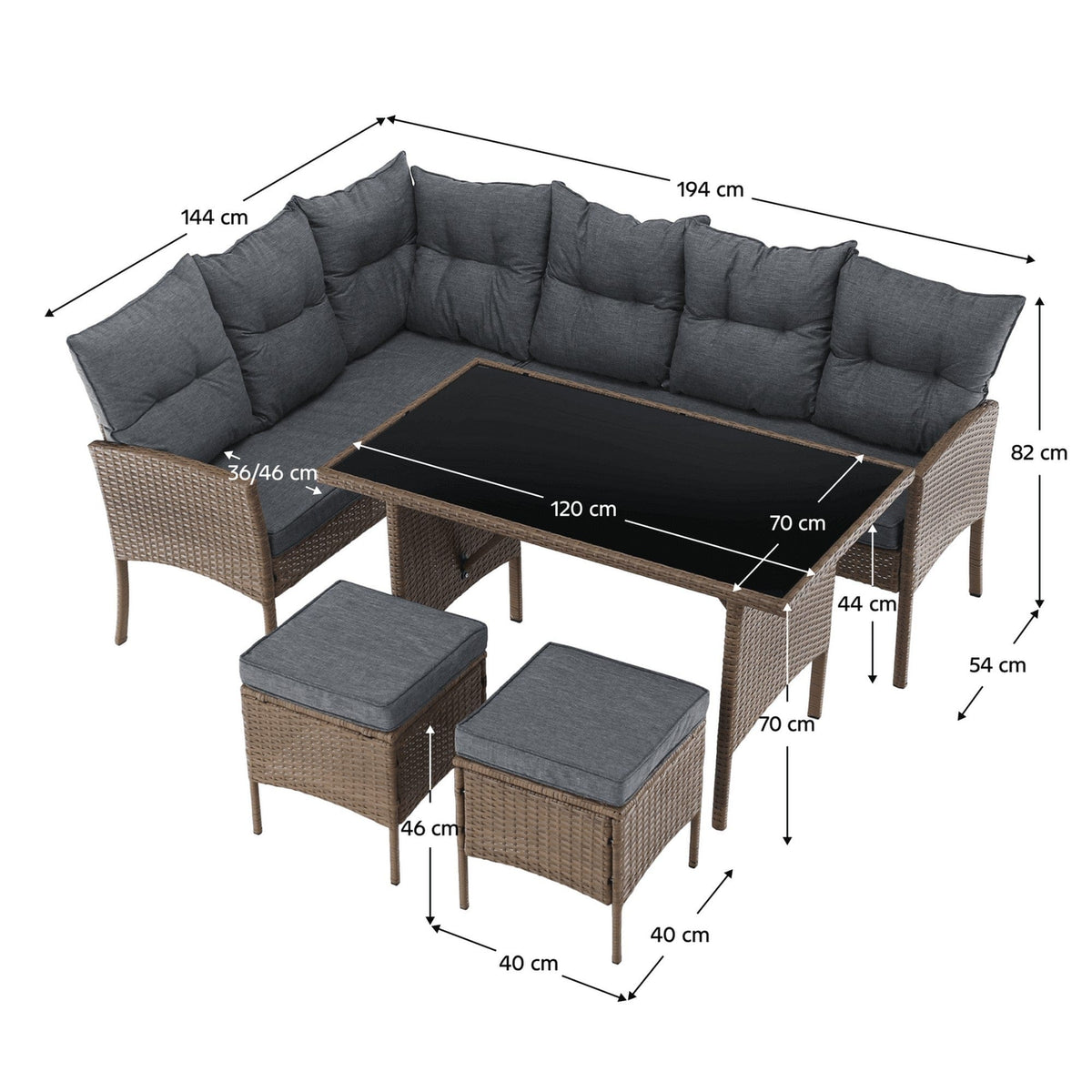 Set gradina RANDI, stejar/gri deschis/negru, ratan sintetic/sticla temperata/metal, cu masa, 2 taburete si canapea