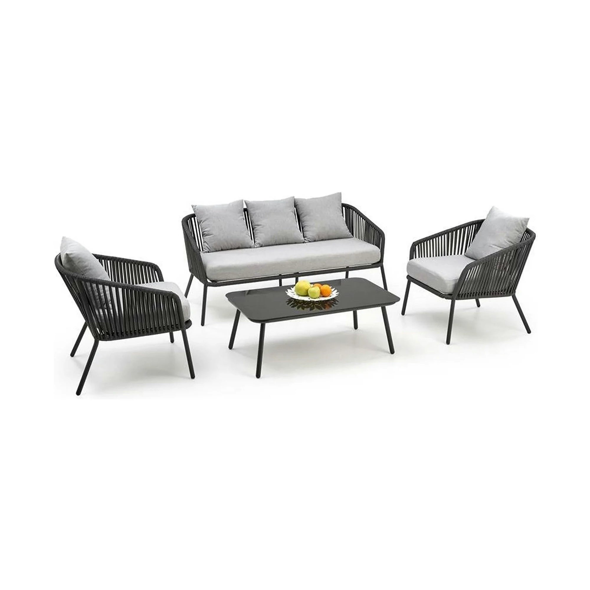 Set gradina ROCCA, gri, sticla/otel/stofa, cu masuta, 2 scaune si canapea