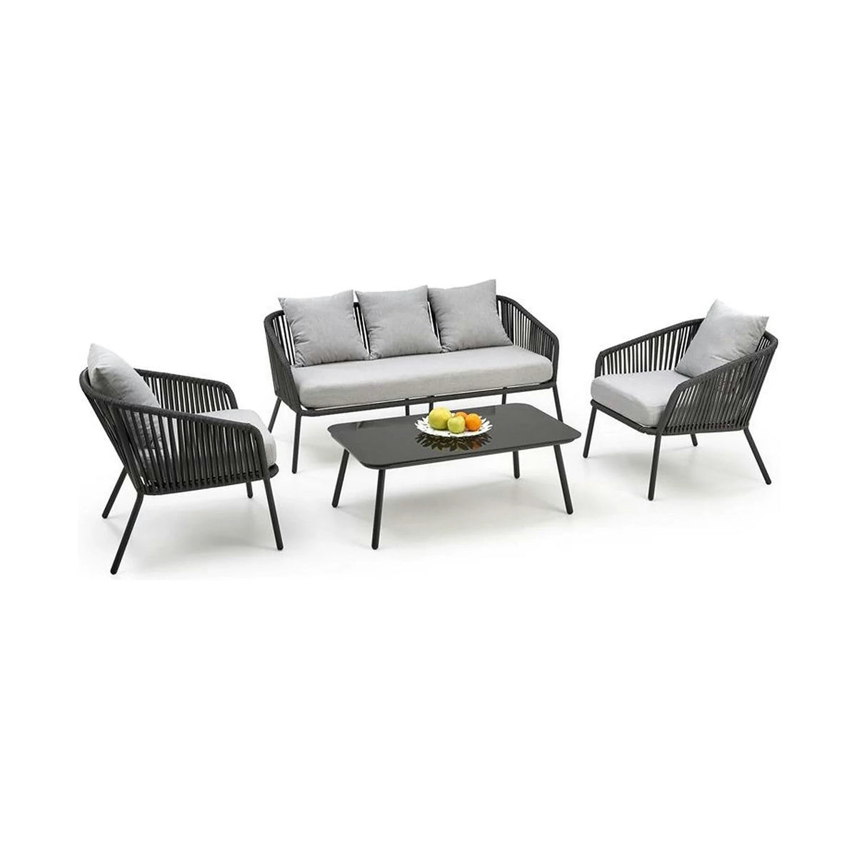 Set gradina ROCCA, gri, sticla/otel/stofa, cu masuta, 2 scaune si canapea