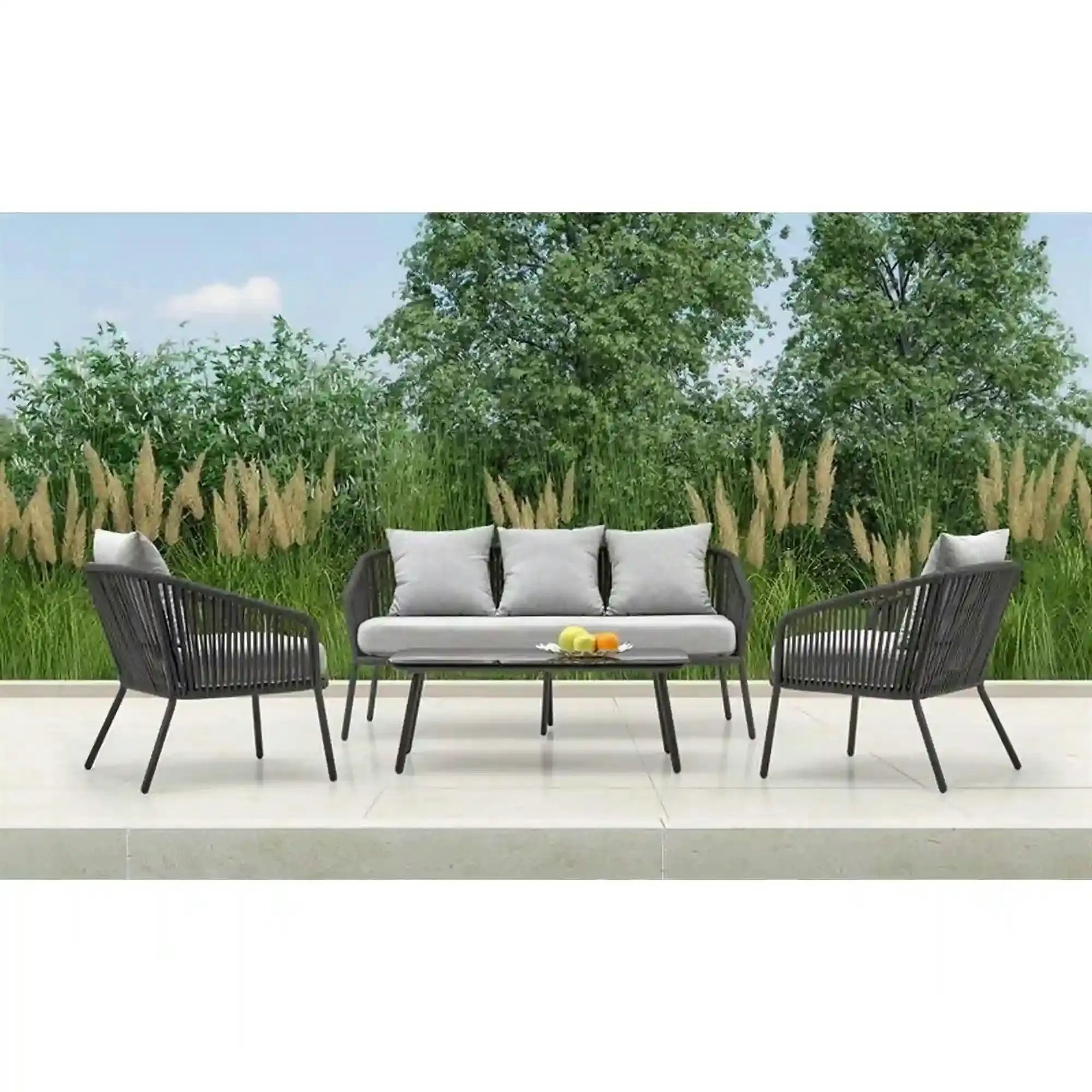 Set gradina ROCCA, gri, sticla/otel/stofa, cu masuta, 2 scaune si canapea