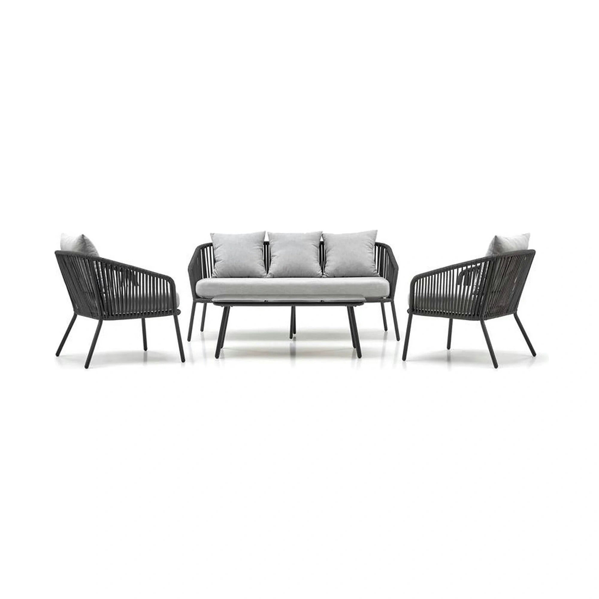 Set gradina ROCCA, gri, sticla/otel/stofa, cu masuta, 2 scaune si canapea