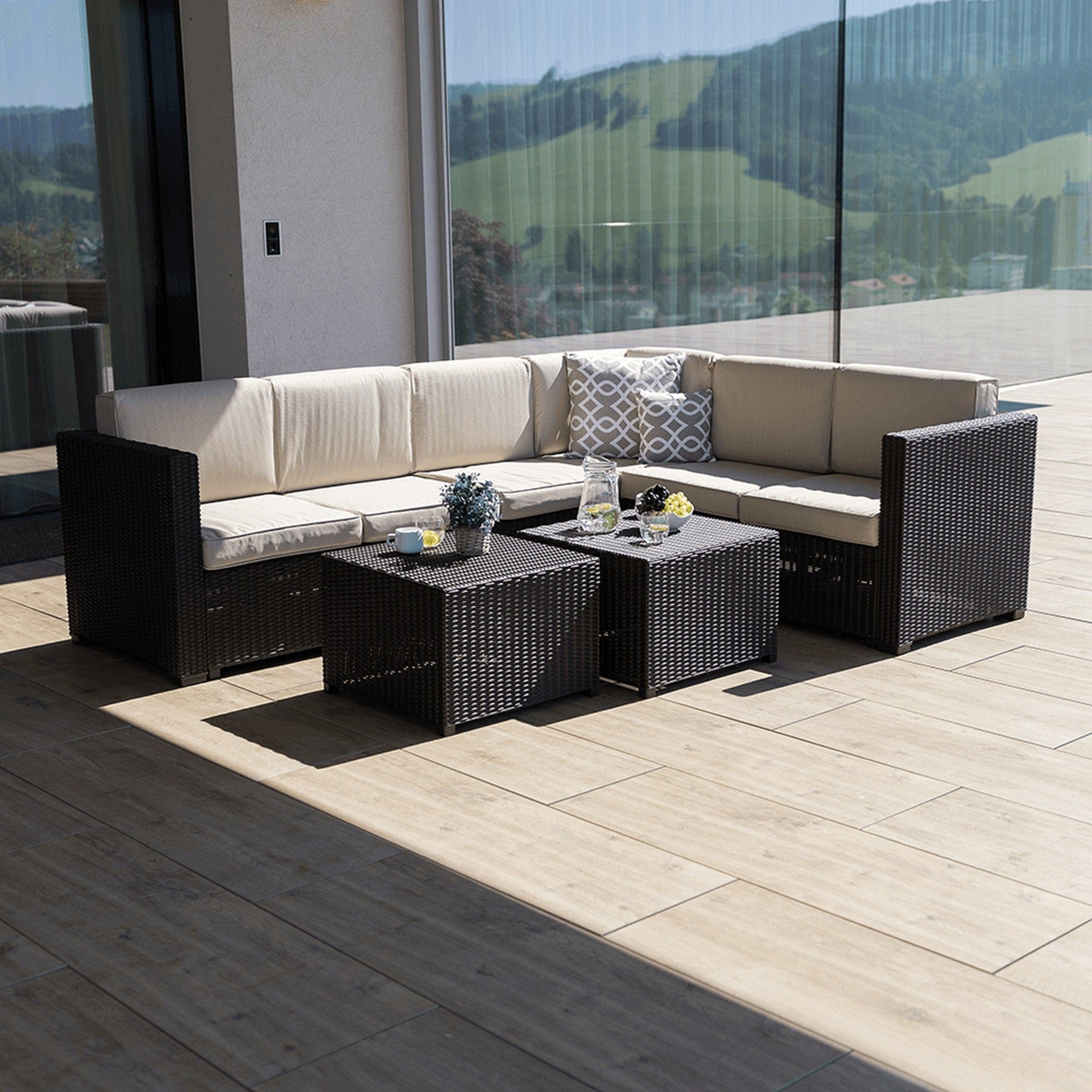 Set gradina RODEN, maro/bej, ratan artificial/tesatura, cu 2 masute si canapea