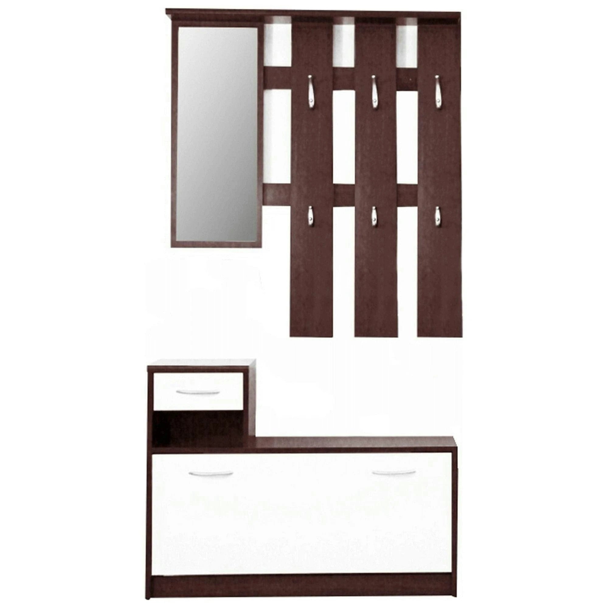Set hol MECKI, wenge/alb, DTD laminat, format din cuier, oglinda si pantofar