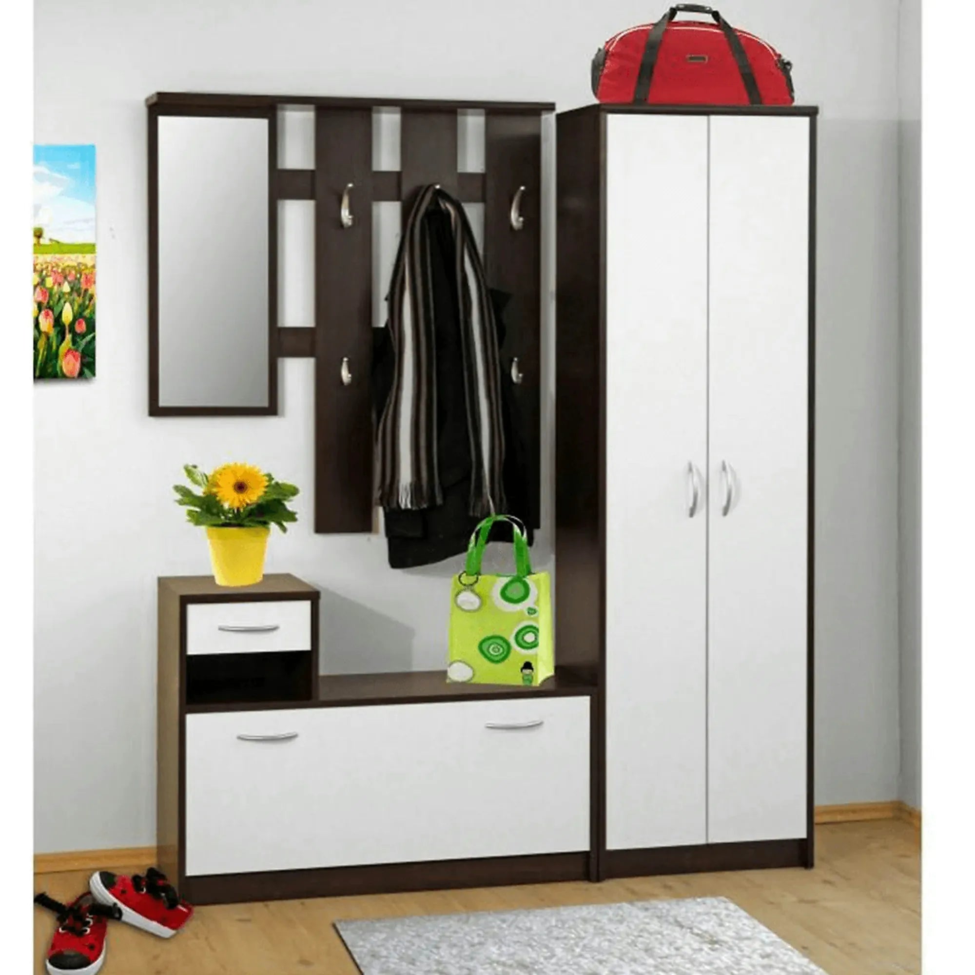 Set hol MECKI, wenge/alb, DTD laminat, format din cuier, oglinda si pantofar