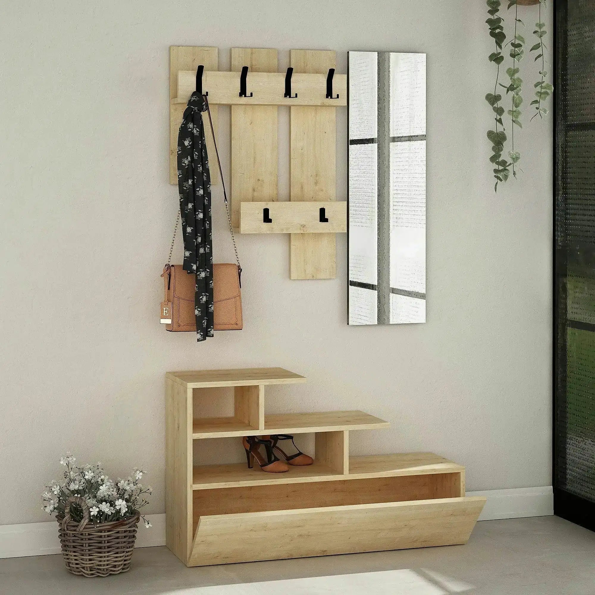 Set hol VESTY, stejar, PAL melaminat, format din cuier, oglinda si pantofar