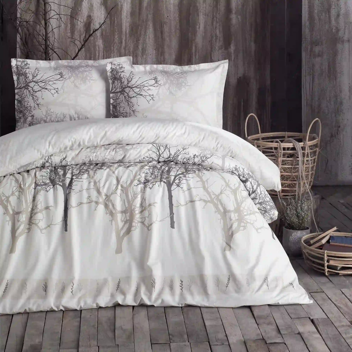 Set lenjerie pat clasy king size MIDAS V2, bumbac, alb/gri, 240x260 cm, cu cearceaf pat, cearceaf pilota si 2 fete de perna