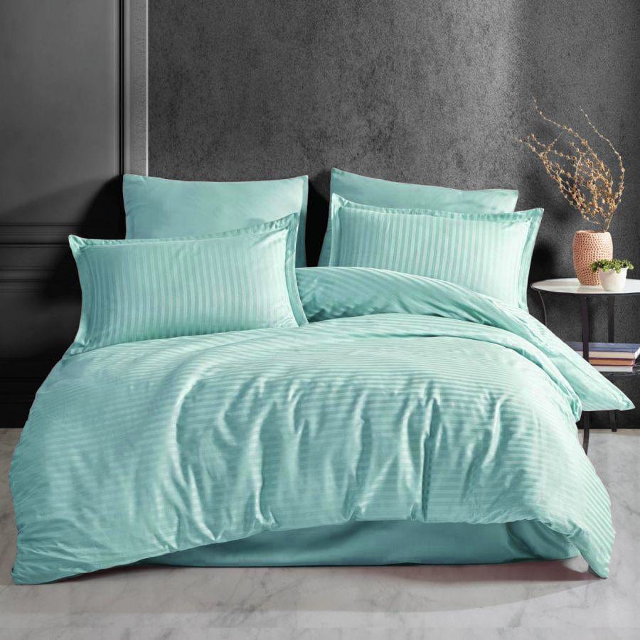 Set lenjerie pat damasc GROS, bumbac, verde menta, 240x260 cm, cu cearceaf pat, cearceaf pilota si 2 fete de perna