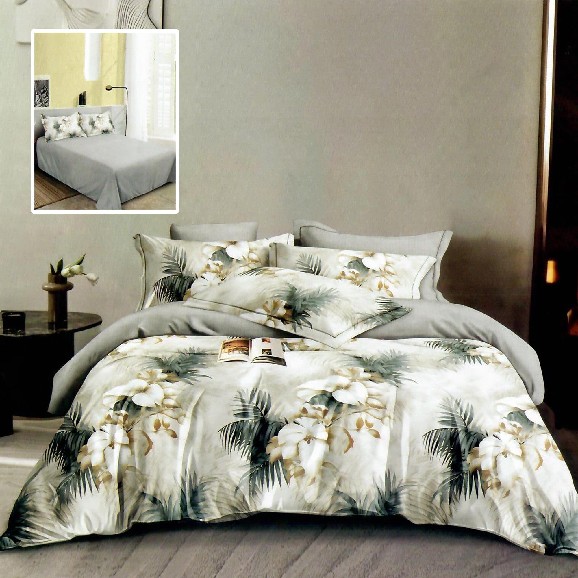 Set lenjerie pat finet M514, bumbac/poliester, gri/alb, 220x240 cm, cu cearceaf pat, cearceaf pilota si 4 fete de perna