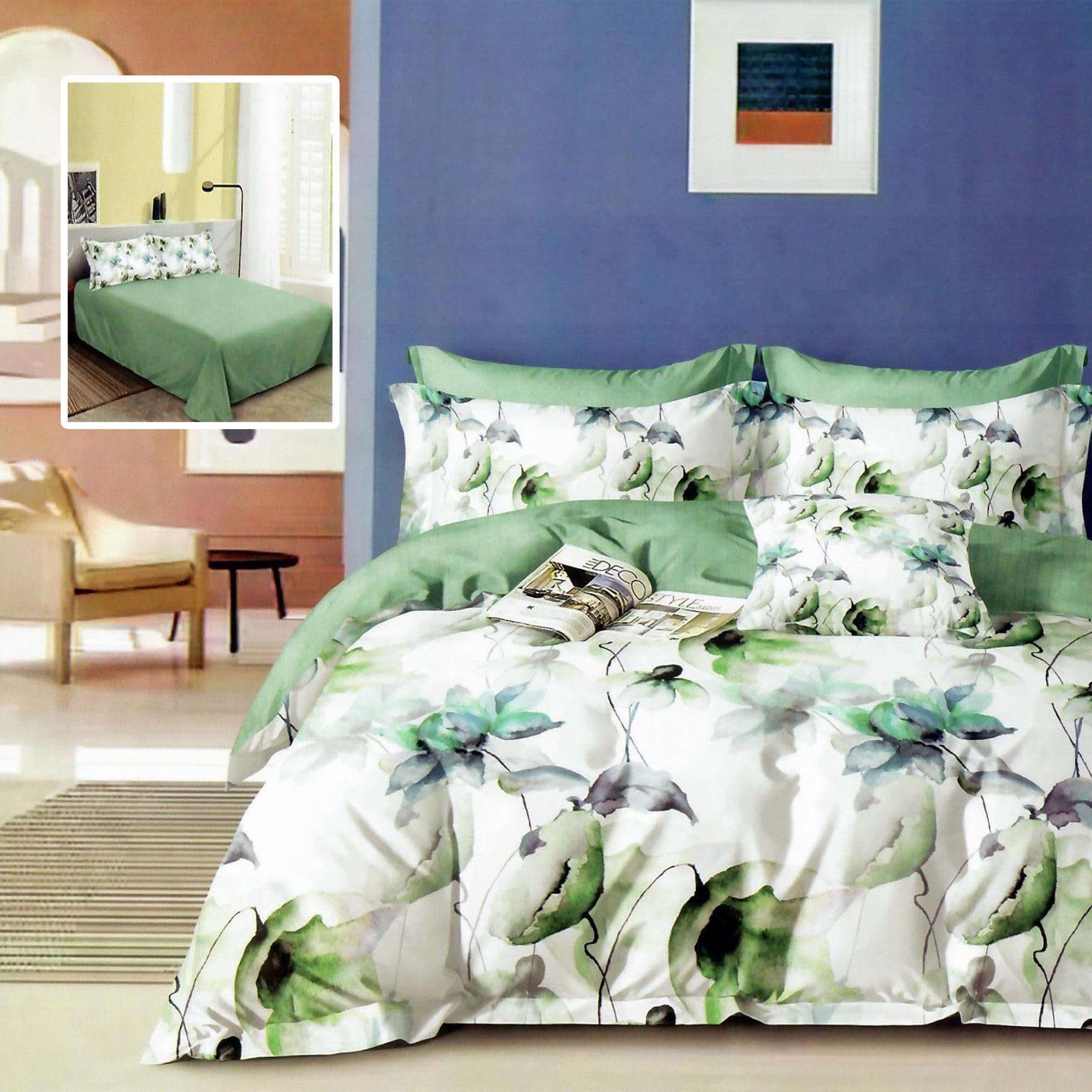 Set lenjerie pat finet M517, bumbac/poliester, verde/alb, 220x240 cm, cu cearceaf pat, cearceaf pilota si 4 fete de perna