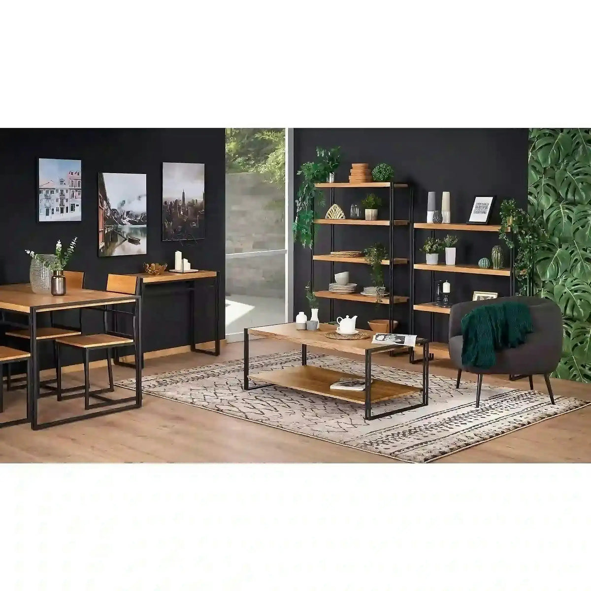 Set masa si 6 scaune BOLIVAR, stejar auriu/negru