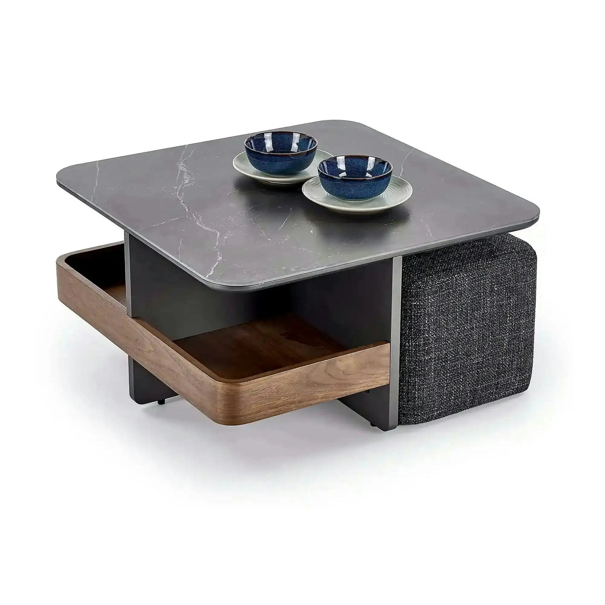 Set masuta cafea si 2 taburete VICKER, negru cu efect de marmura/nuc/gri inchis