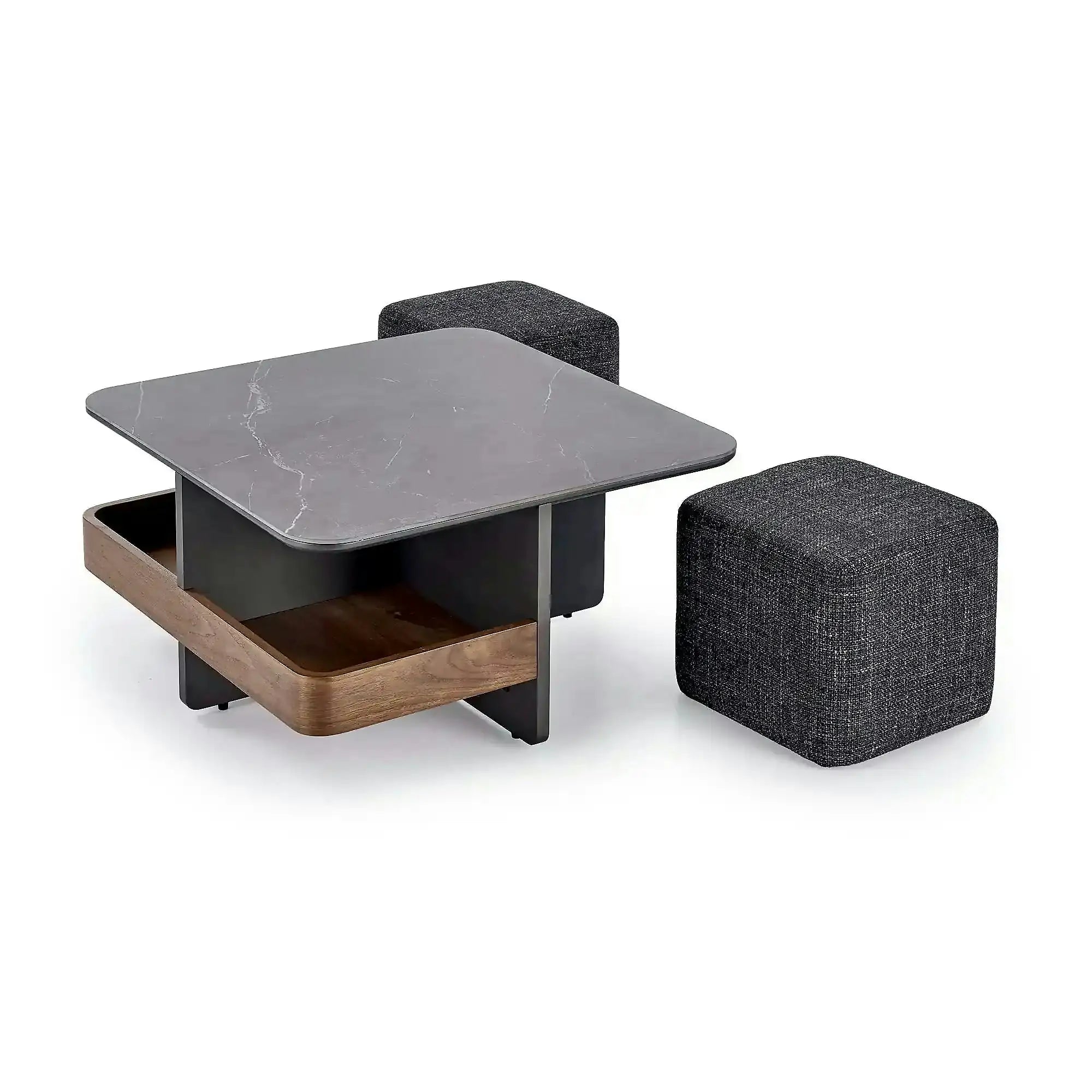 Set masuta cafea si 2 taburete VICKER, negru cu efect de marmura/nuc/gri inchis