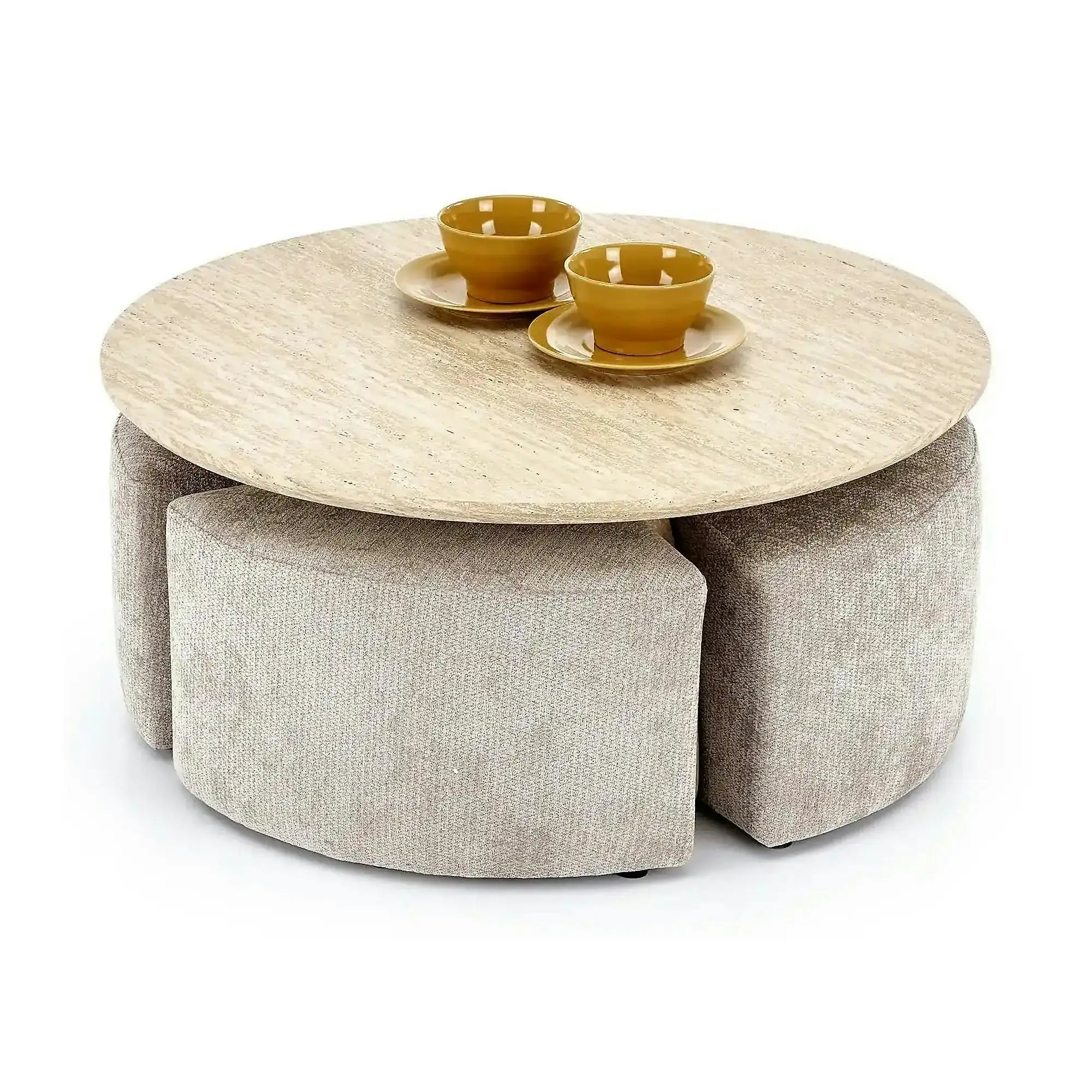 Set masuta cafea si 4 taburete NUGAT, bej cu efect de piatra travertin/bej