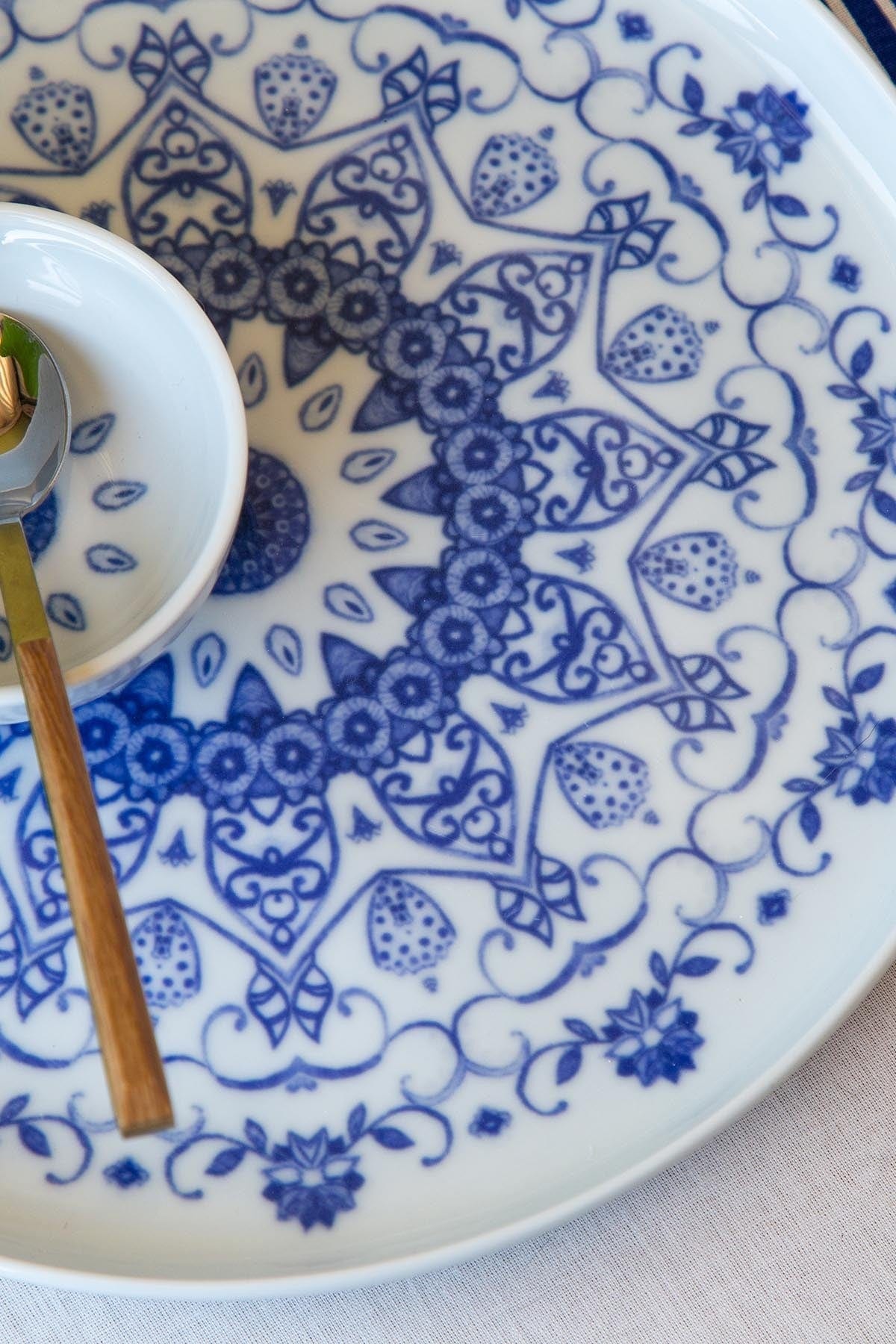 Set mic dejun 719KTP9890, 14 piese, albastru/alb, portelan