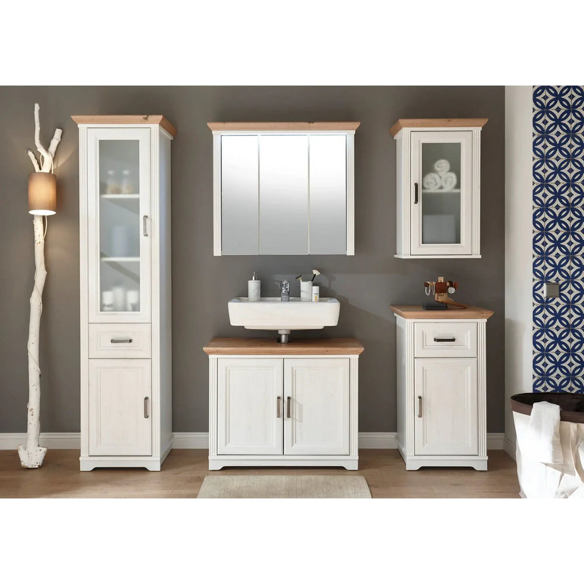 Set mobilier baie JASMIN, 5 piese, alb/stejar artisan, PAL