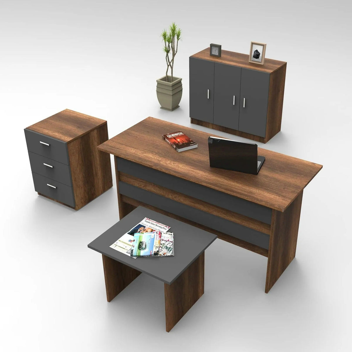 Set mobilier birou VO12 - BA, nuc/gri antracit, PAL melaminat