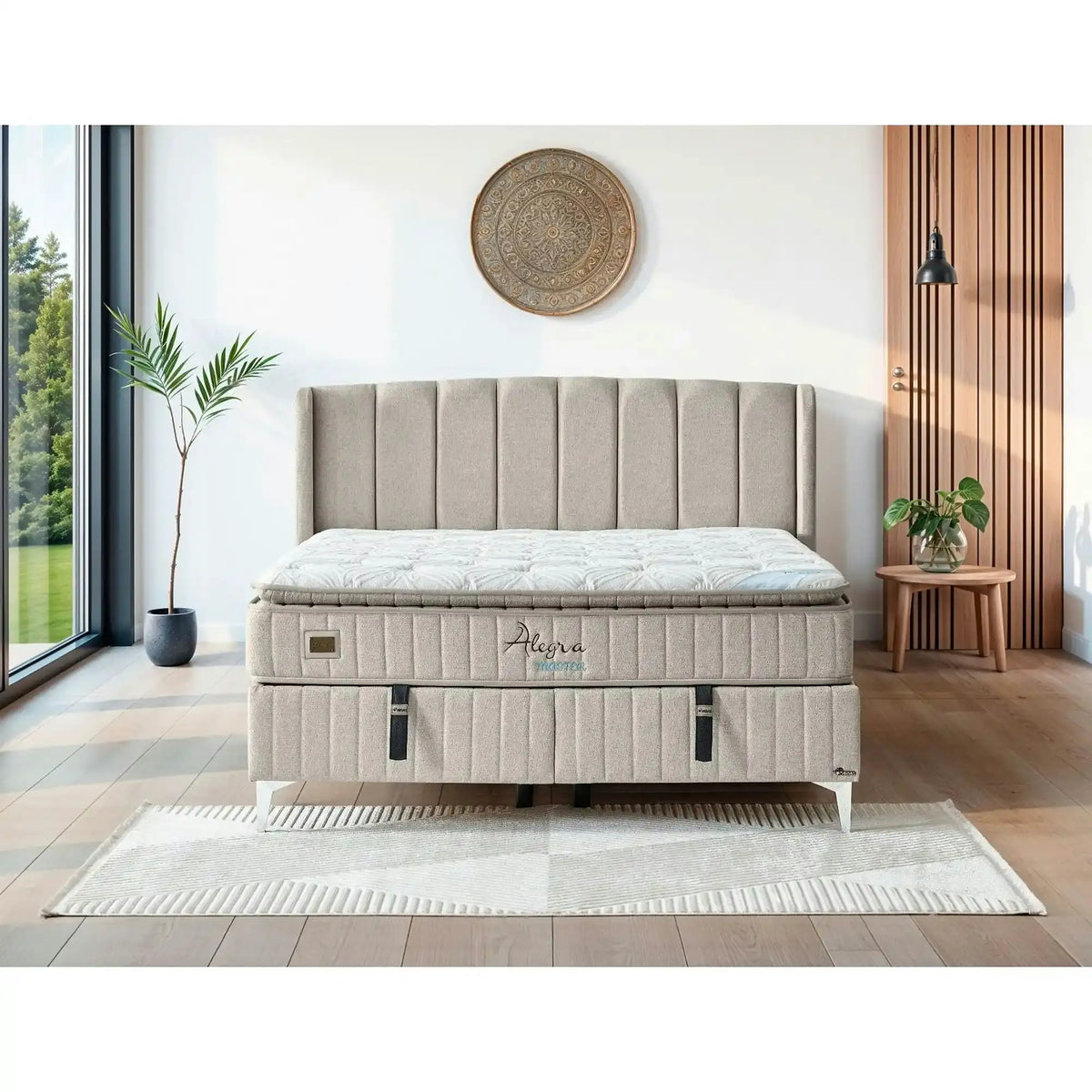 Set pat cu saltea ALEGRA 140x200, stofa bej, cu somiera, spatiu depozitare