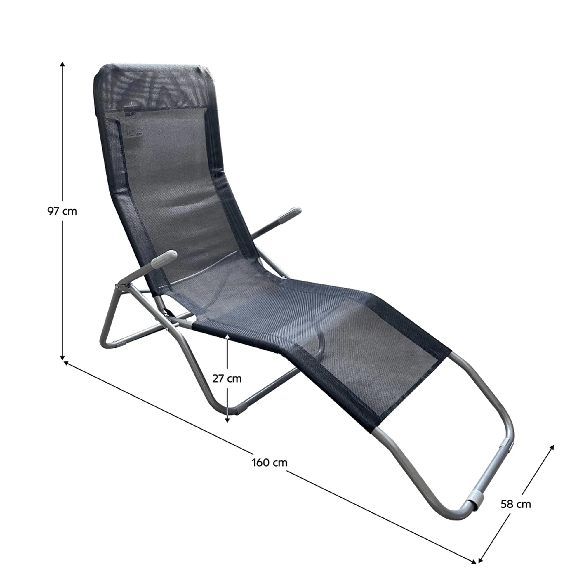 Sezlong gradina SELNO, gri/negru, plasa/otel, 58x160x97 cm