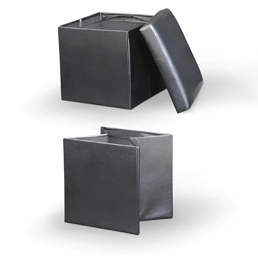 Taburet pliabil TELA NEW, negru, piele ecologica, cu spatiu depozitare, 40x40x37 cm