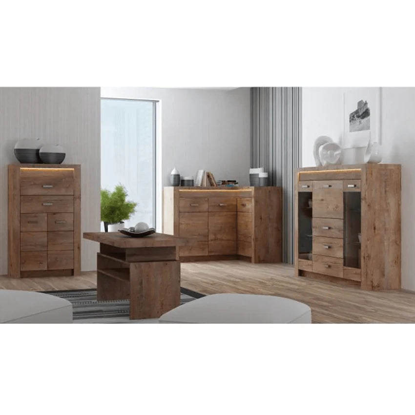 Comoda de colt INFINITY I-15, frasin deschis, PAL melaminat, 131/90x42x104 cm