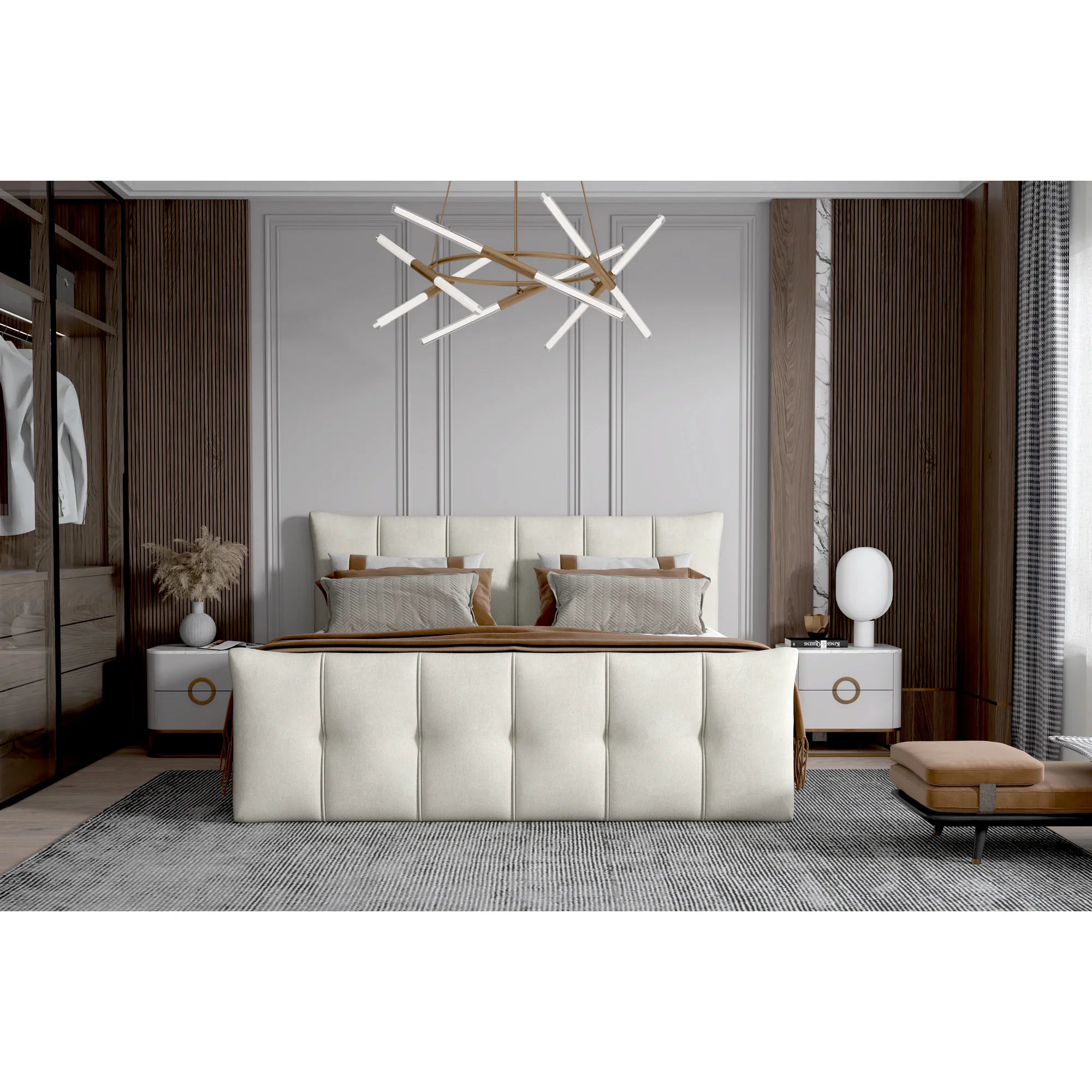Pat boxspring SOFIA 140x200, personalizabil materiale Gama Premium, cu saltele, topper si lada pentru depozitare