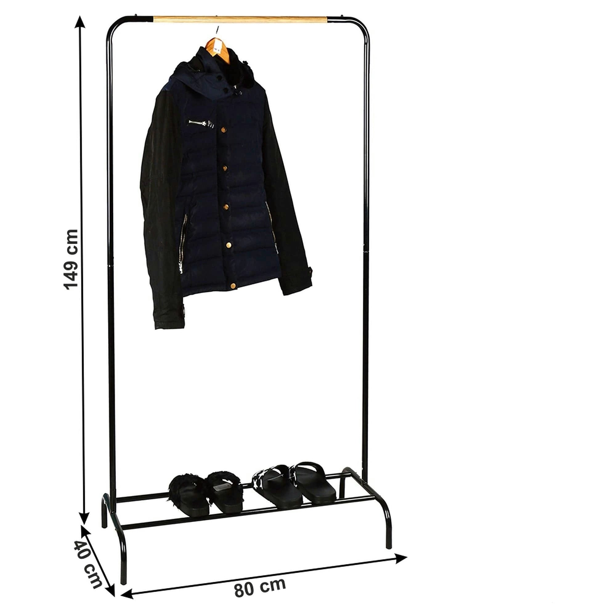 Stander haine RAPSO, negru, metal/lemn, 80x40x149 cm