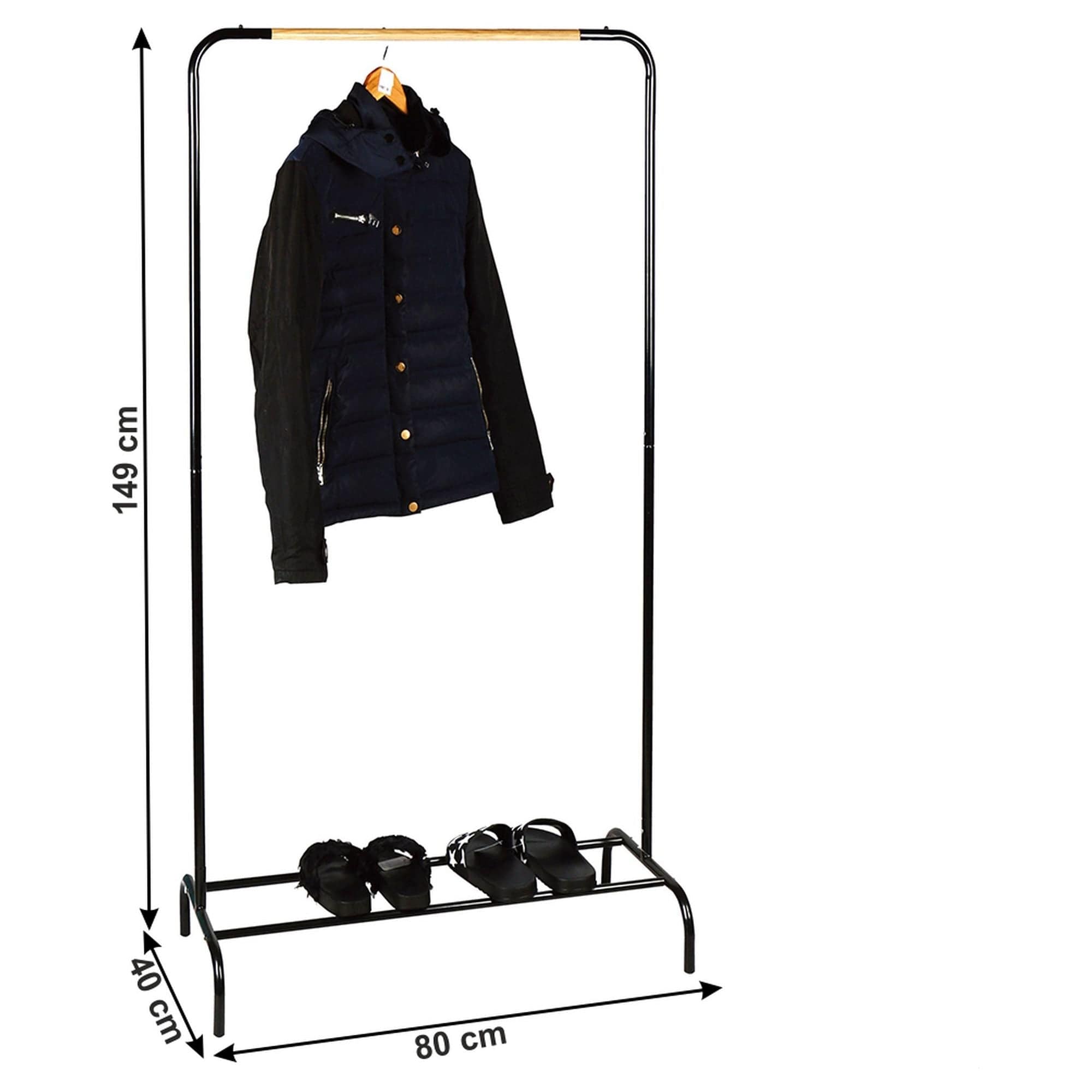 Stander haine RAPSO, negru, metal/lemn, 80x40x149 cm