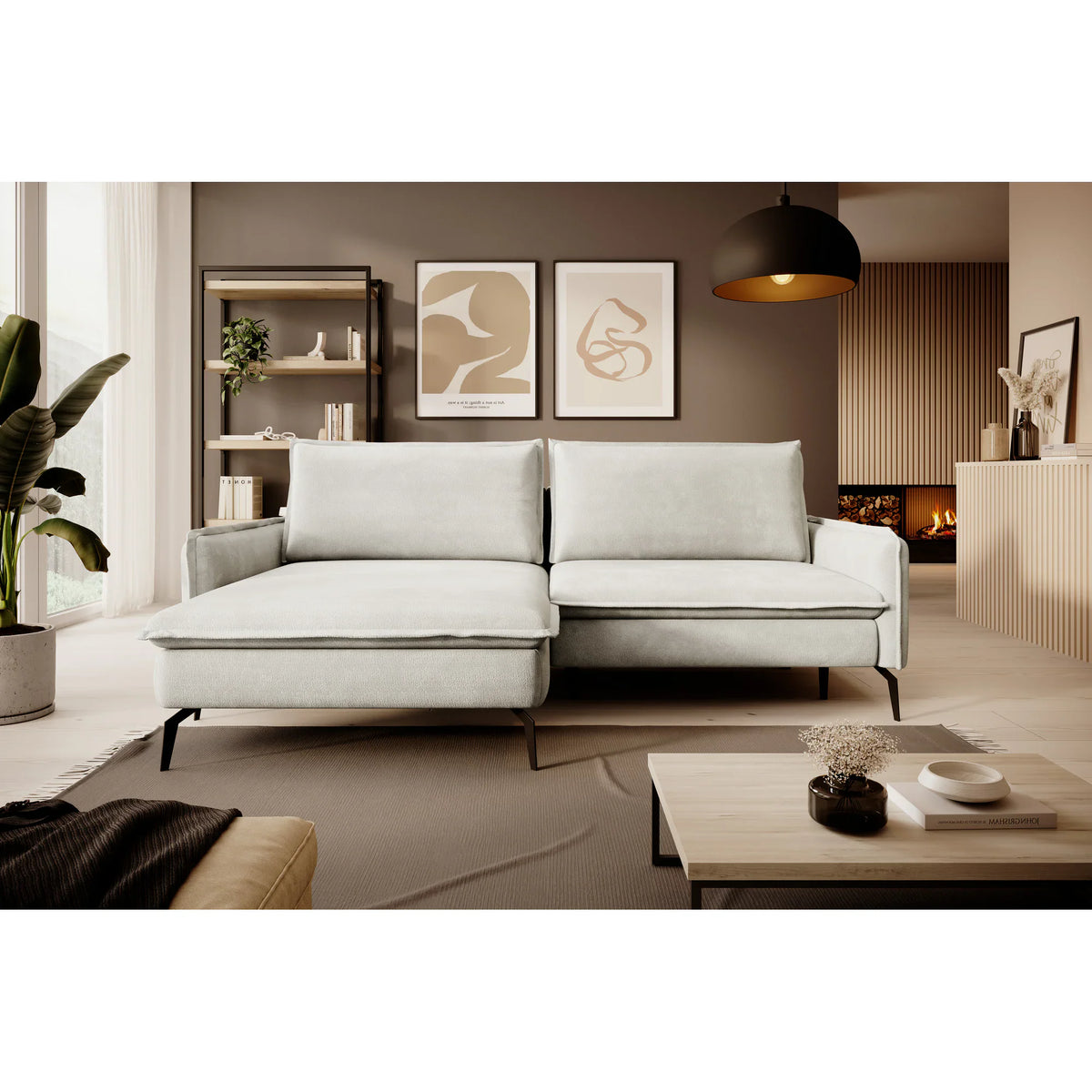 Coltar extensibil GLOSSY, sezlong stanga, stofa catifelata crem - Whisper 01, Gama Premium, cu lada depozitare, 226x162x88 cm