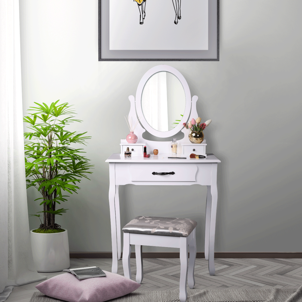 Masa de toaleta LINET NEW, alb/auriu, cu taburet si oglinda, 72x40x136 cm