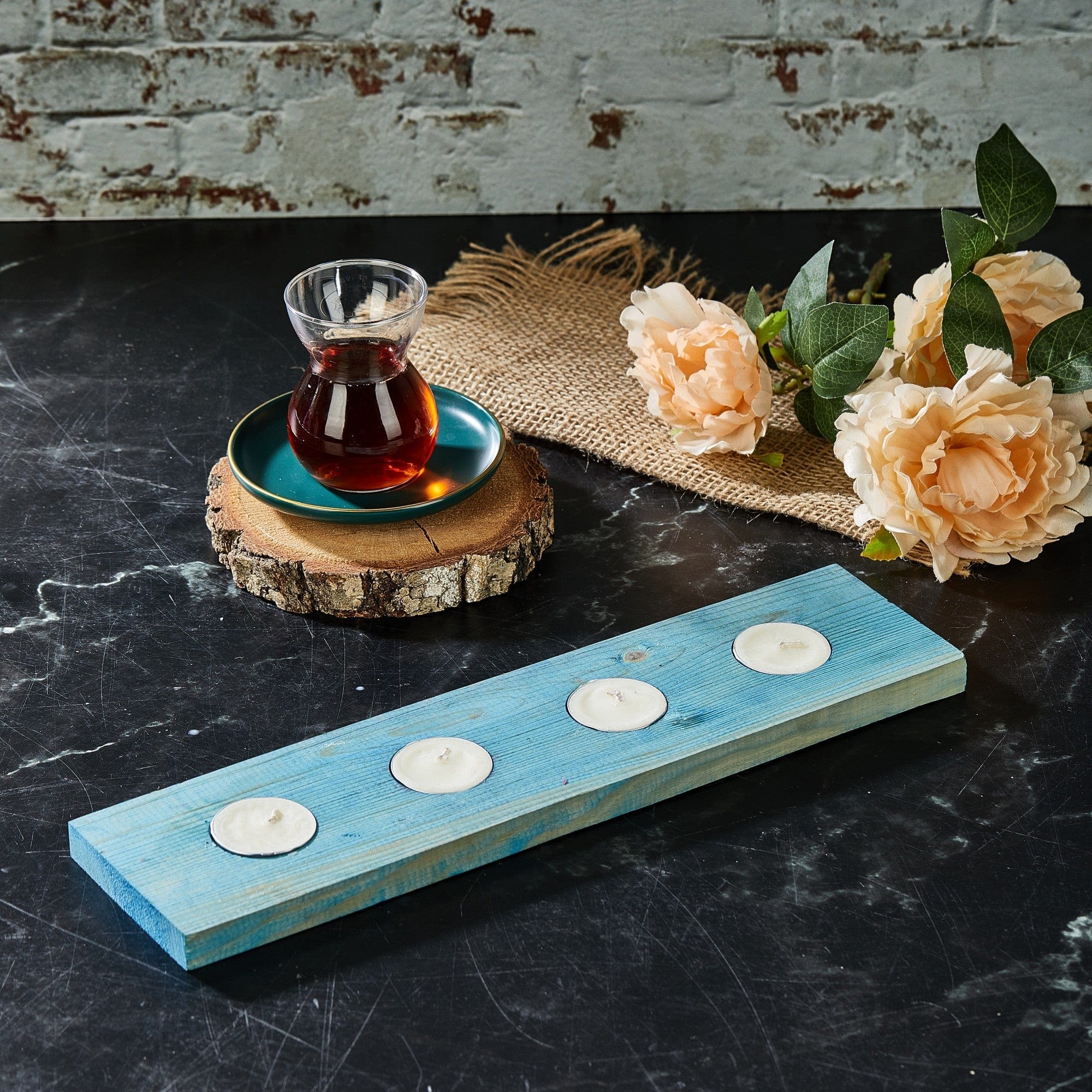 Suport lumanari TEALIGHT MA, albastru, lemn, 35x9 cm