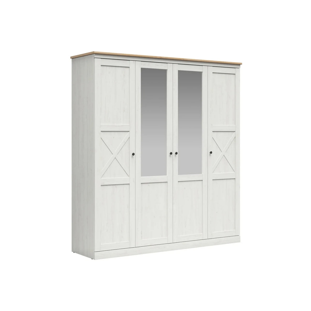 Set dormitor FRIJA, pin alb andersen/stejar artisan, pat 160x200, dulap cu 4 usi, 2 noptiere si comoda