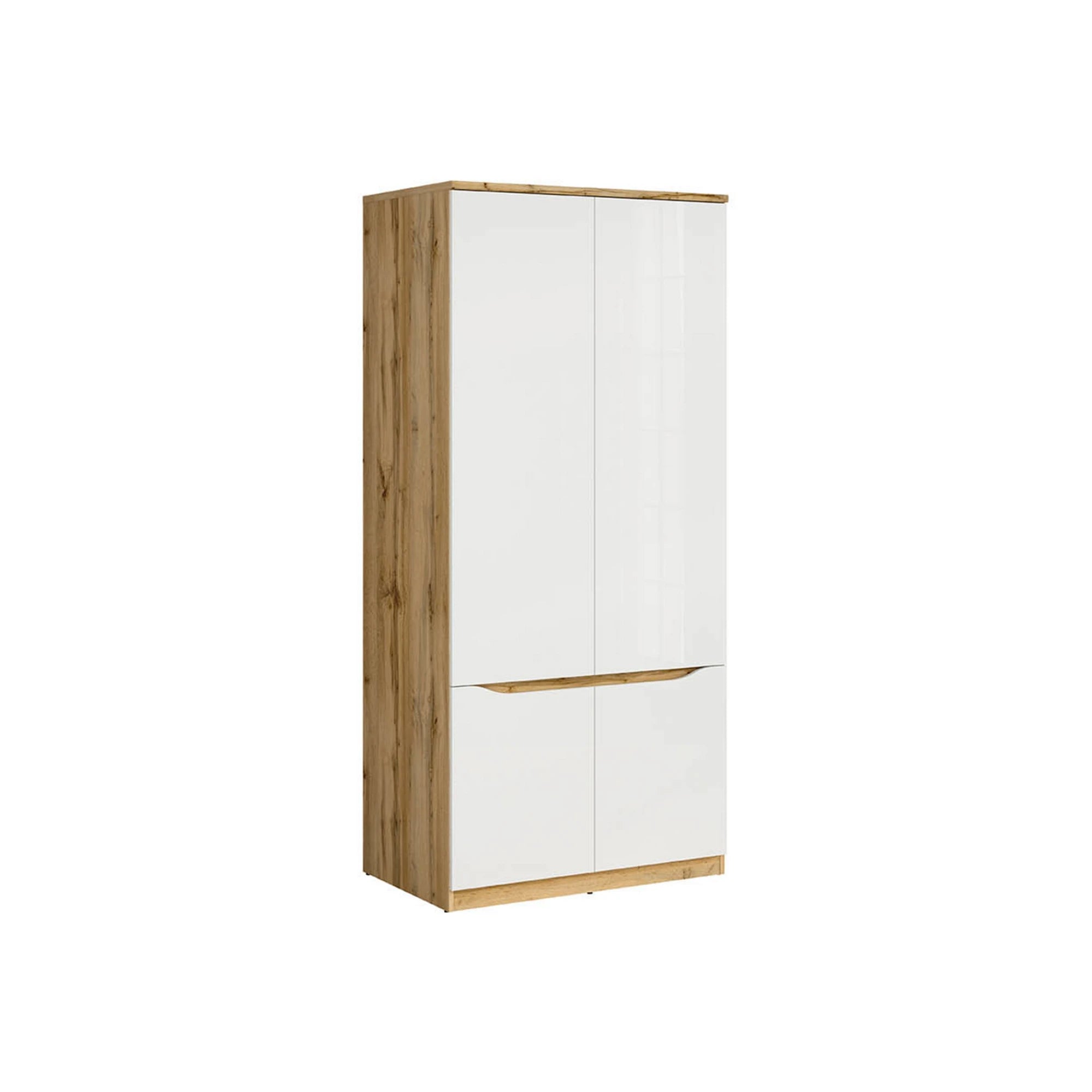 Set dormitor NUIS, stejar wotan/alb lucios, pat 160x200, dulap cu 4 usi, 2 noptiere si o comoda