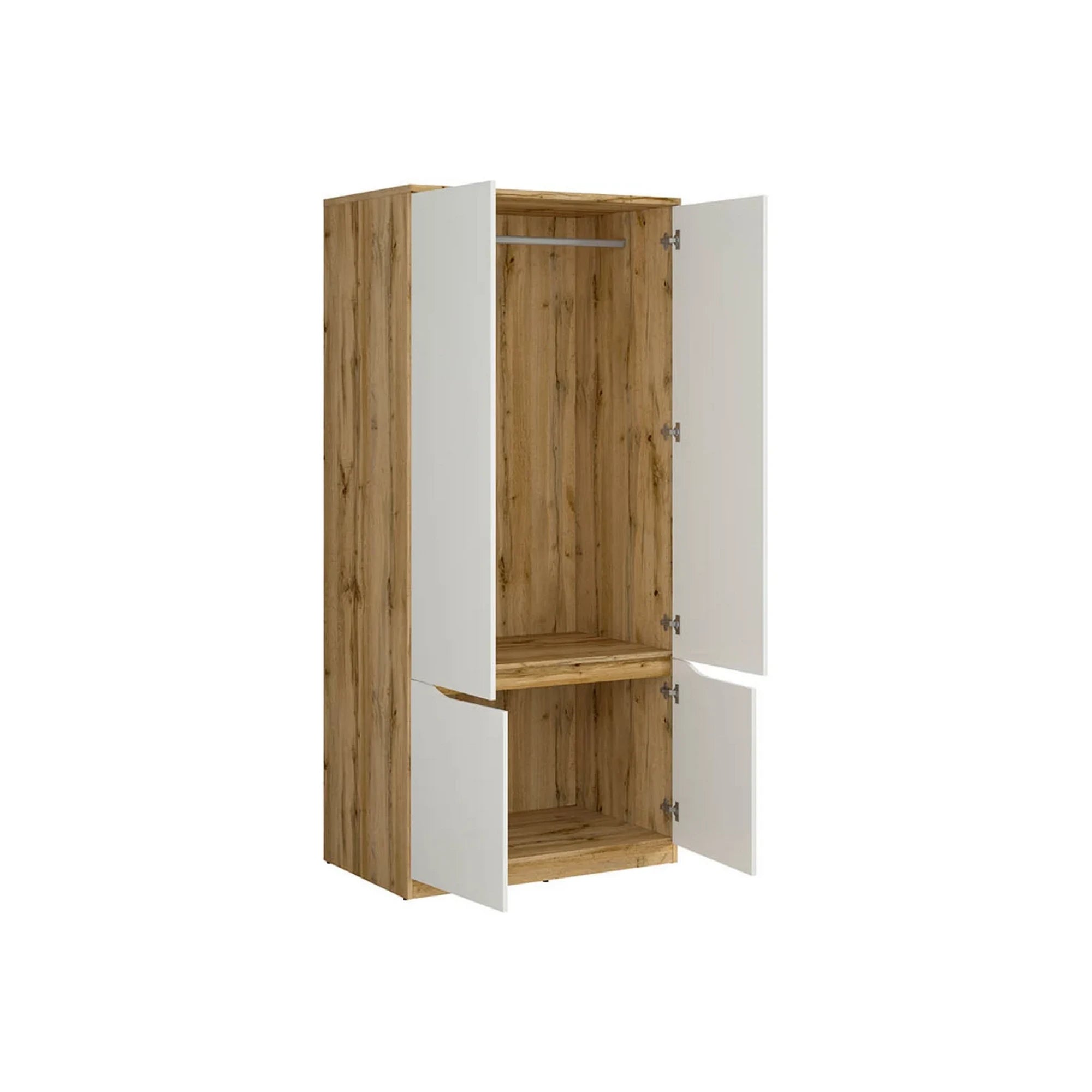 Set dormitor NUIS, stejar wotan/alb lucios, pat 160x200, dulap cu 4 usi, 2 noptiere si o comoda