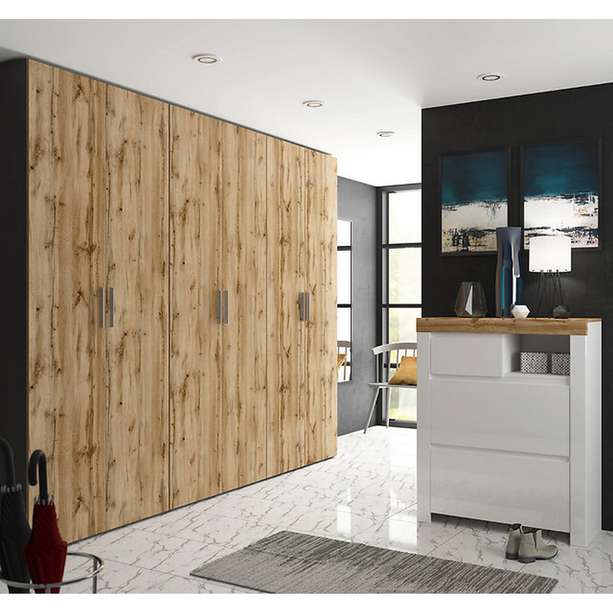 Dulap FLEX, gri grafit/stejar artisan, PAL, cu 2 usi, 100x66x240 cm