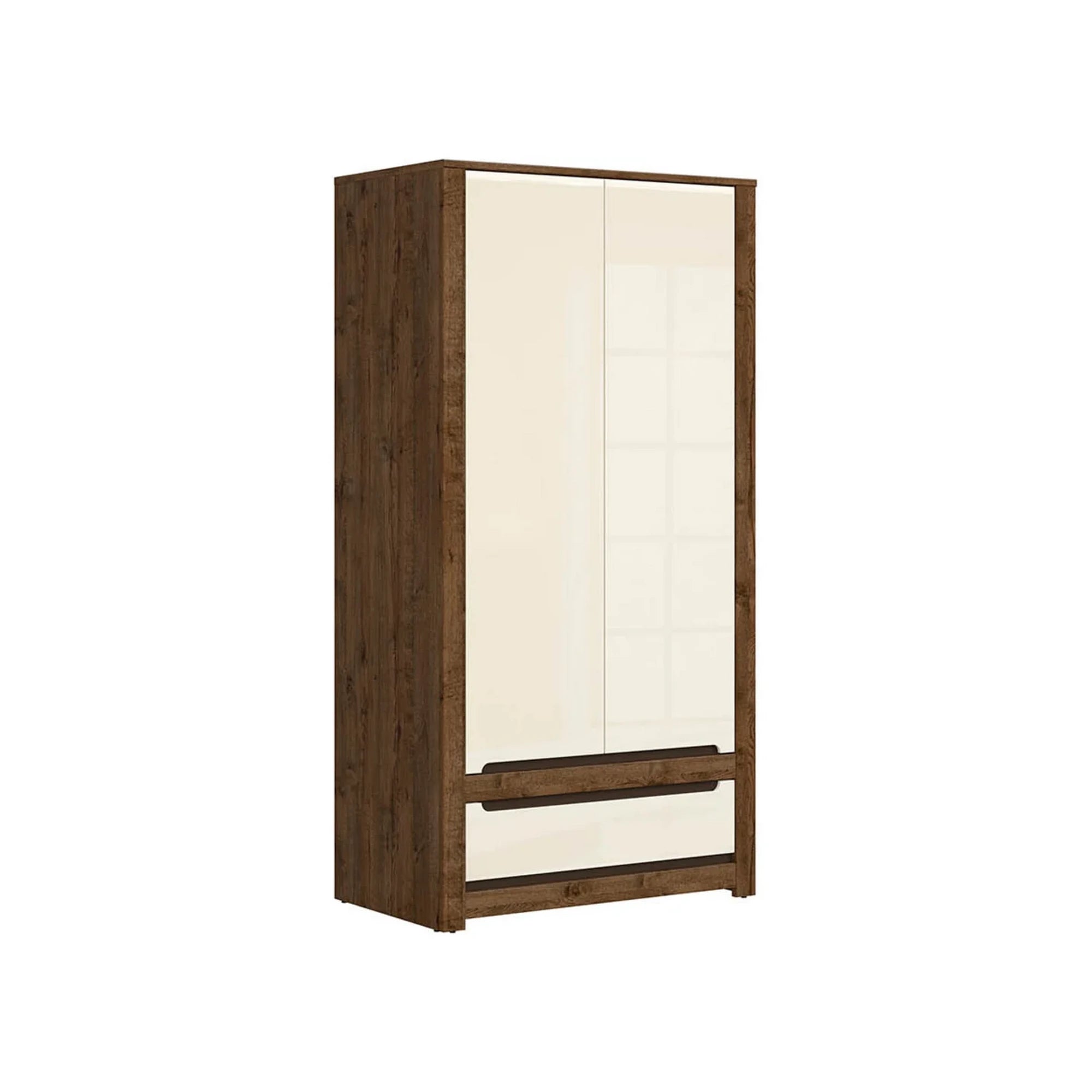 Set dormitor RUSO, stejar april/alb perla, pat 160x200, dulap cu 2 usi si un sertar, 2 noptiere si polita