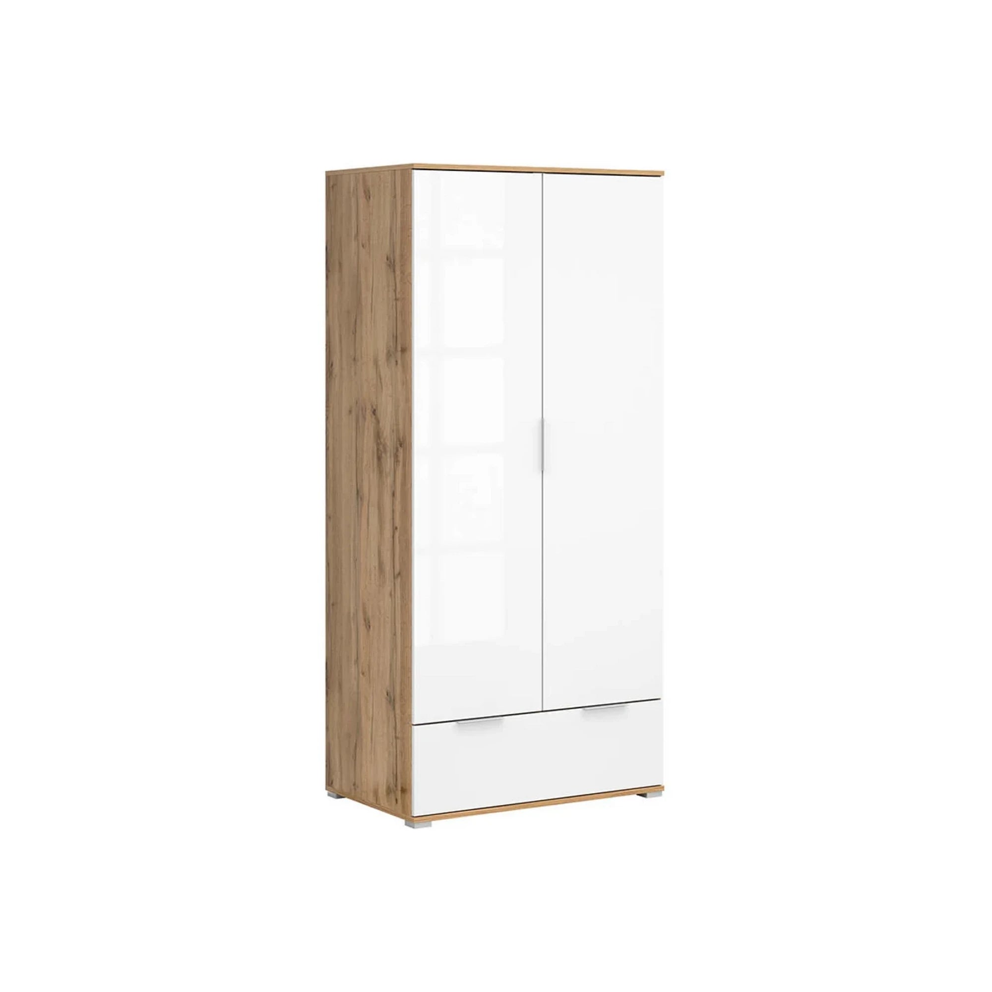 Set dormitor ZELE 2, stejar wotan/alb, pat 160x200, dulap 2 usi si un sertar, 2 noptiere si comoda