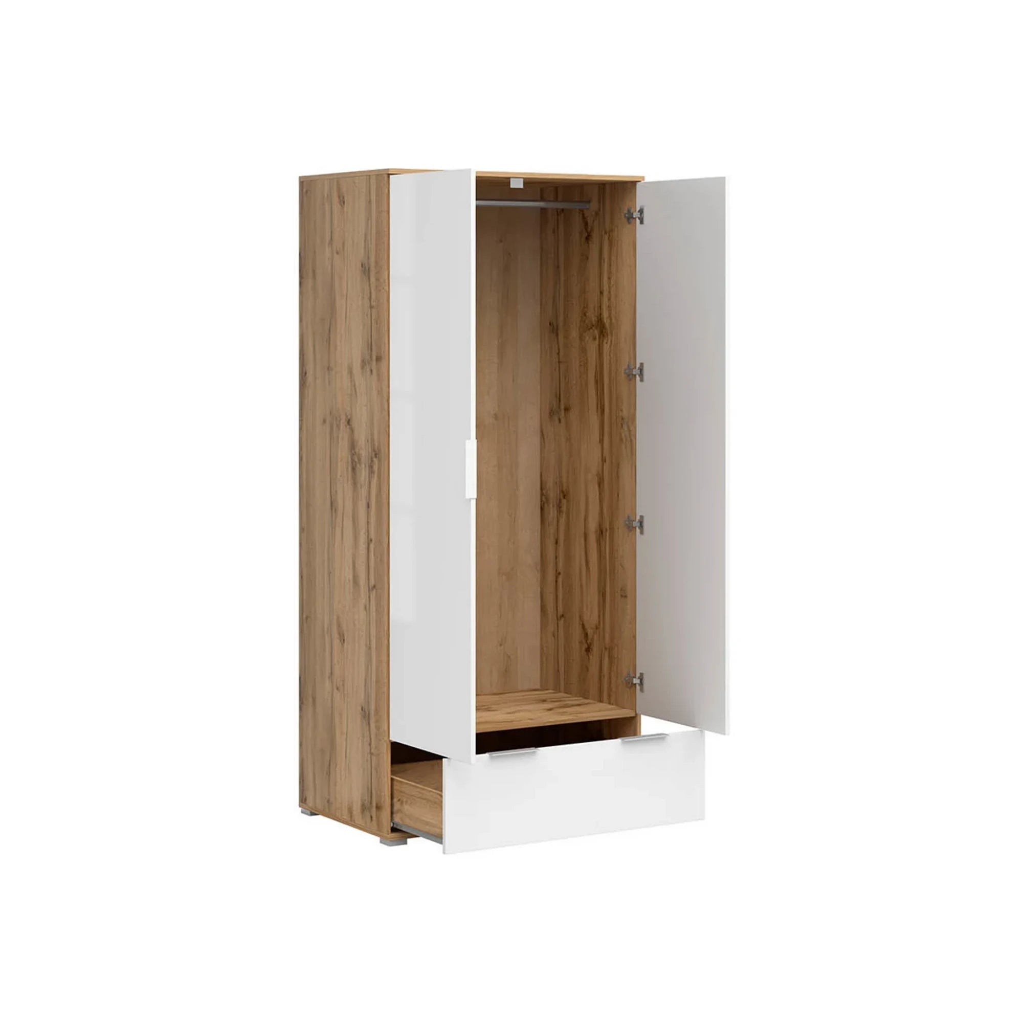 Set dormitor ZELE 2, stejar wotan/alb, pat 160x200, dulap 2 usi si un sertar, 2 noptiere si comoda